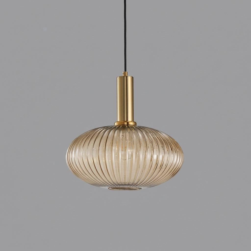 Vintage Gerippte Glas-Pendelleuchte mit Messingfassung