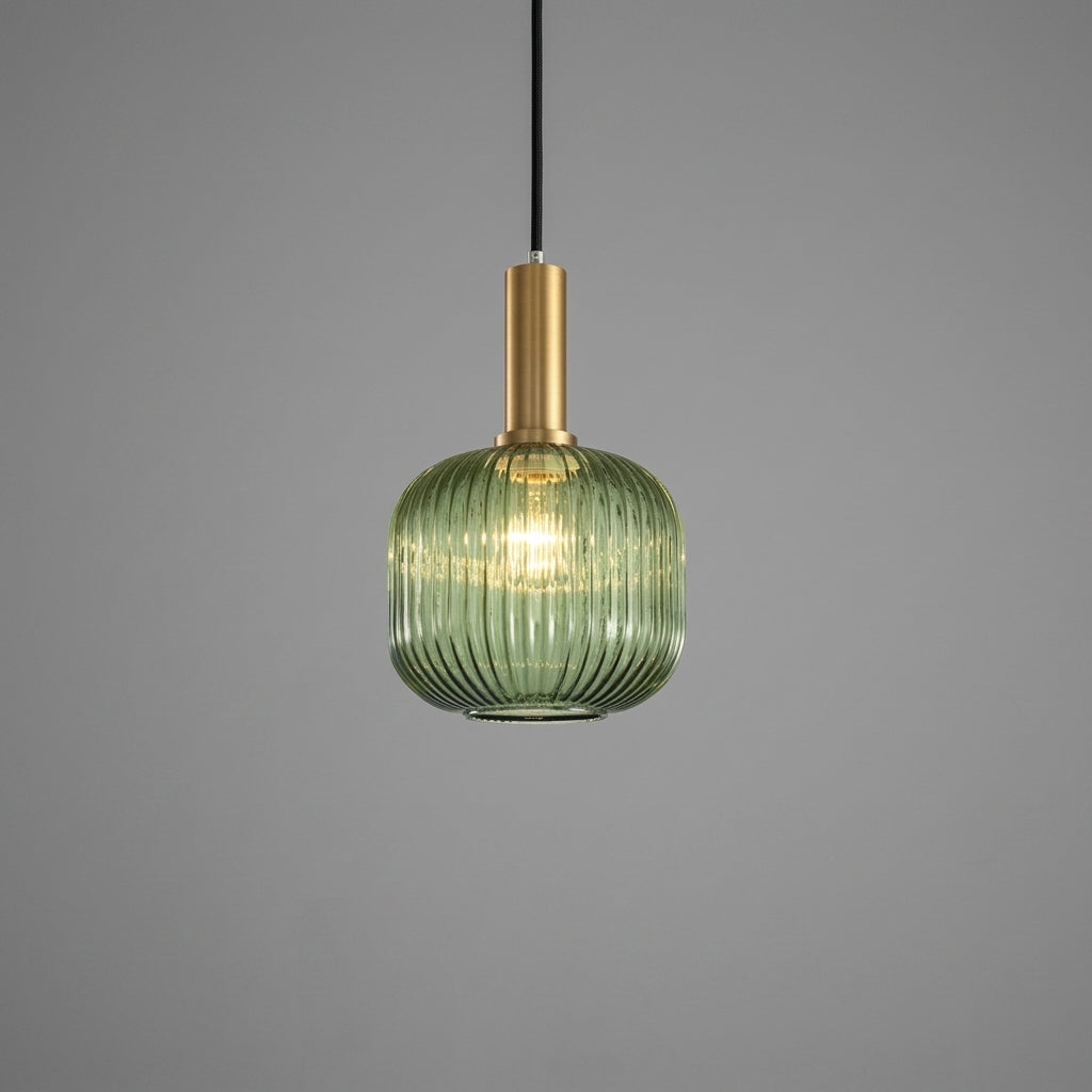 Vintage Gerippte Glas-Pendelleuchte mit Messingfassung
