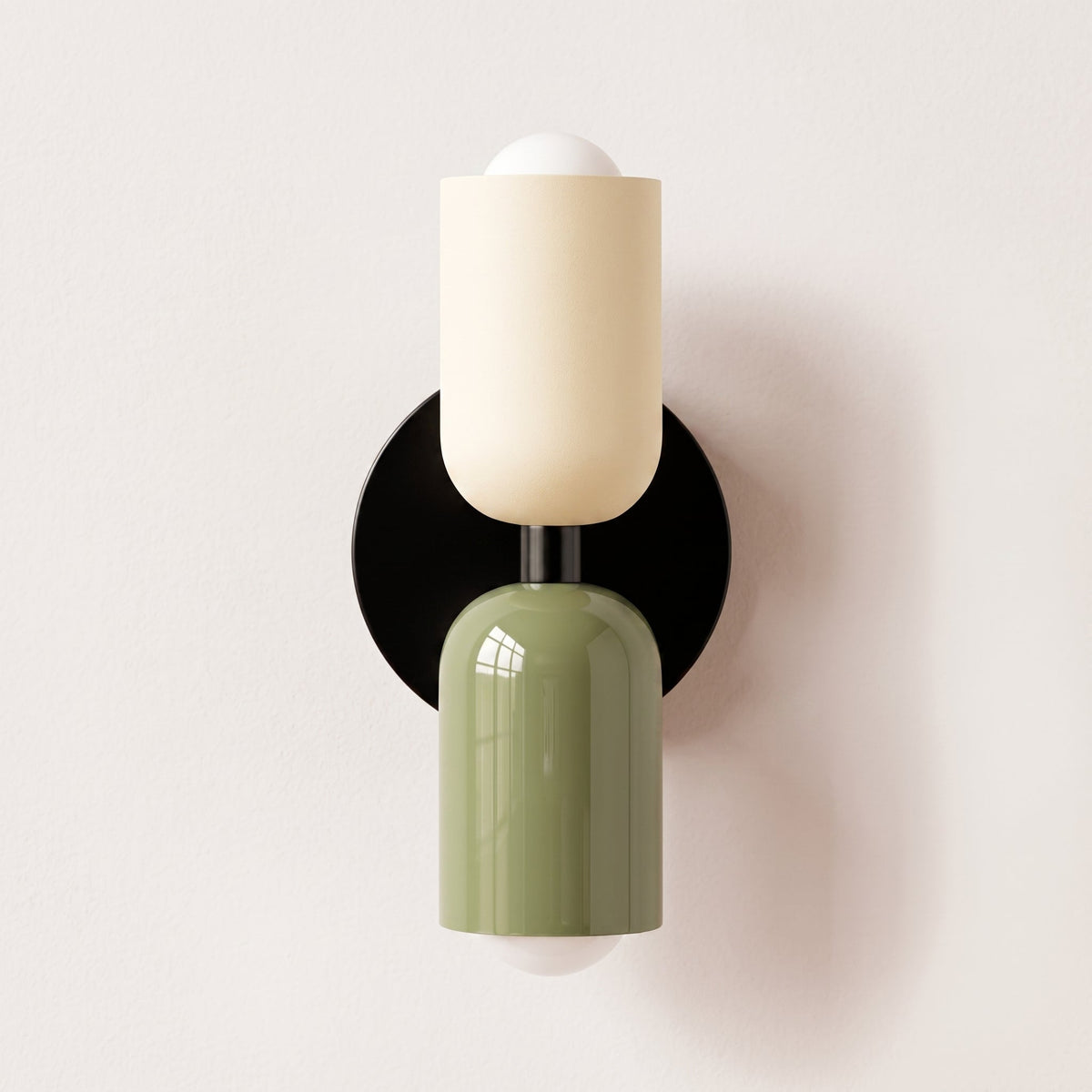 Bauhaus Doppelzylinder-Wandleuchte mit runder Rückwandplatte - Wall Light Fixtures - Beige/Grün - Voldeva