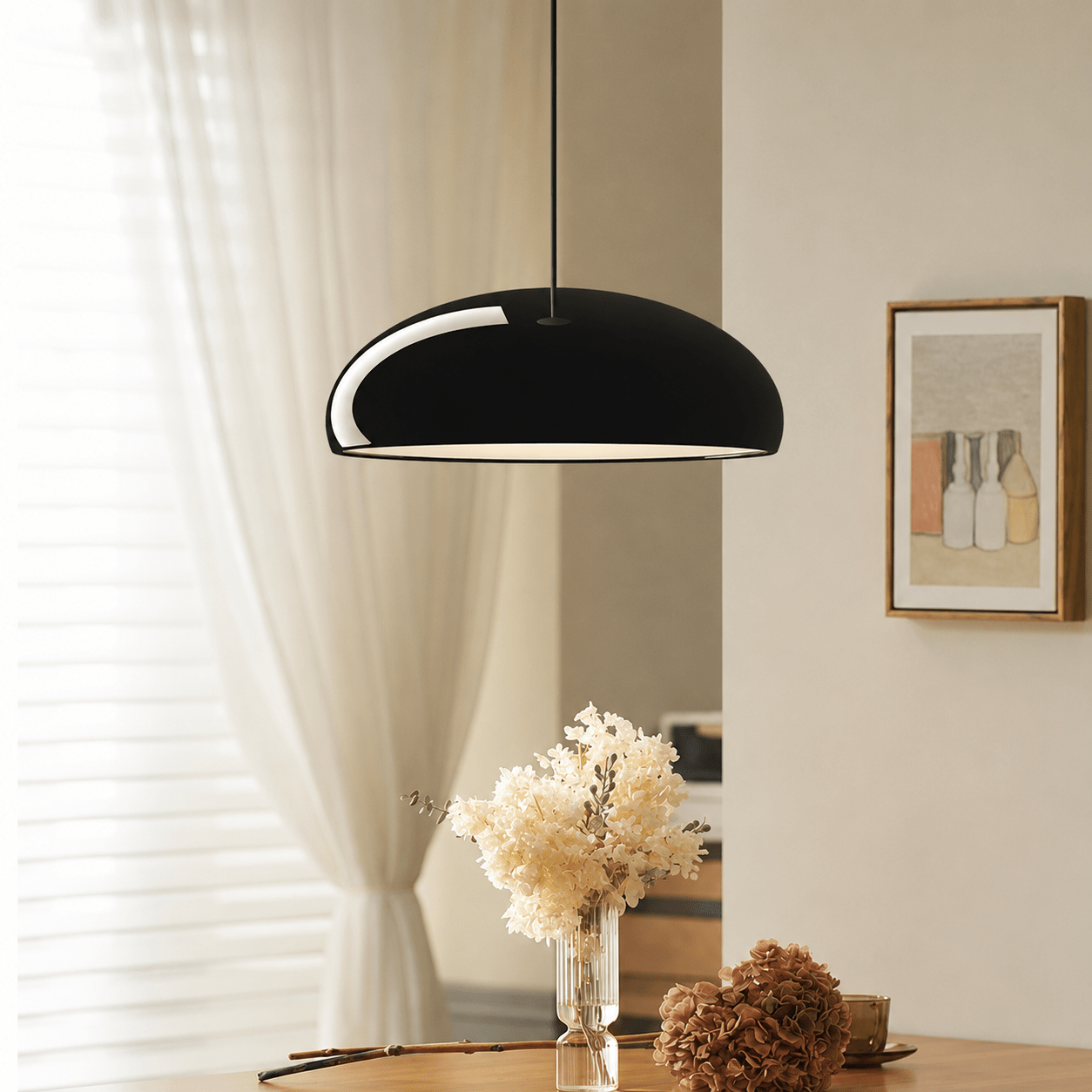 Bauhaus Pendelleuchte mit Glänzendem Halbkugelschirm - Pendelleuchte - Schwarz - Voldeva