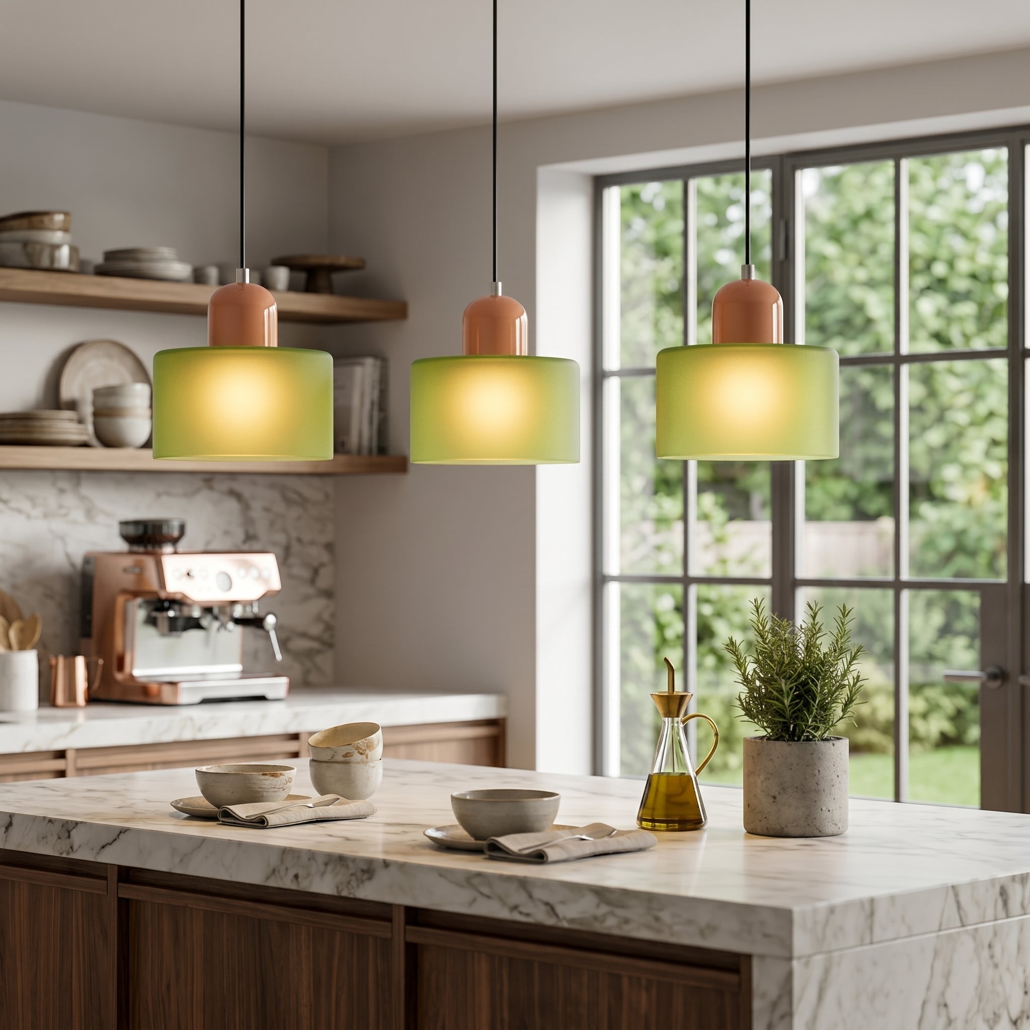 Bauhaus Pendelleuchte mit Modernem Zylindrischen Schirmdesign - Deckenleuchte - Mattgrün - Voldeva