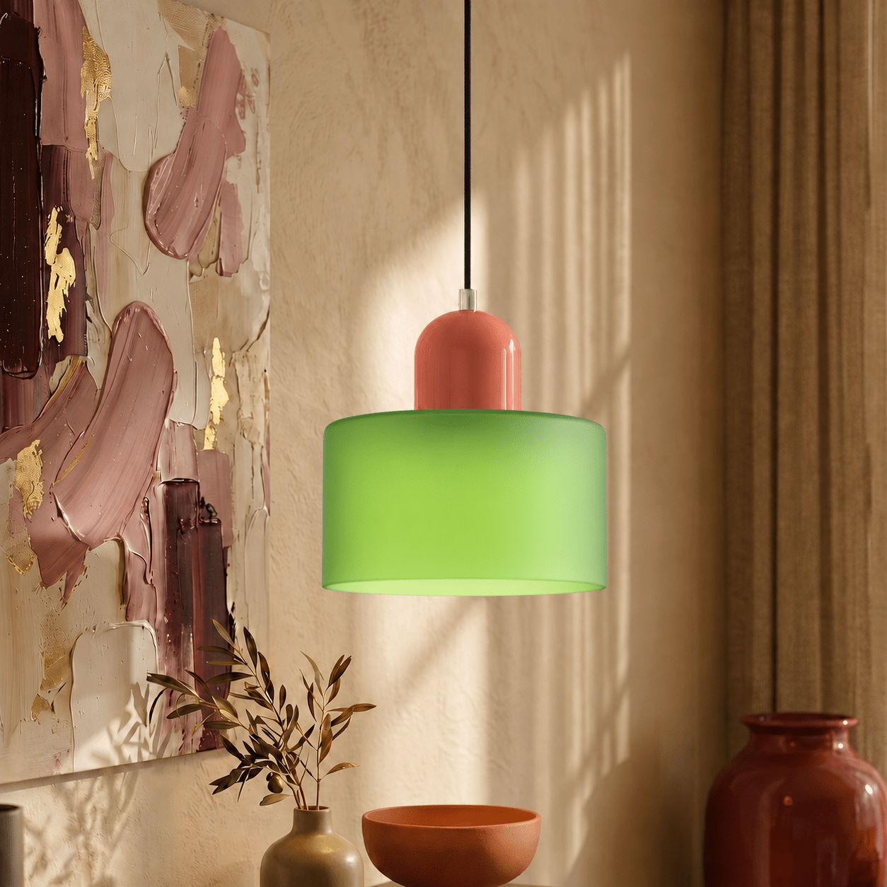 Bauhaus Pendelleuchte mit Modernem Zylindrischen Schirmdesign - Deckenleuchte - Mattgrün - Voldeva