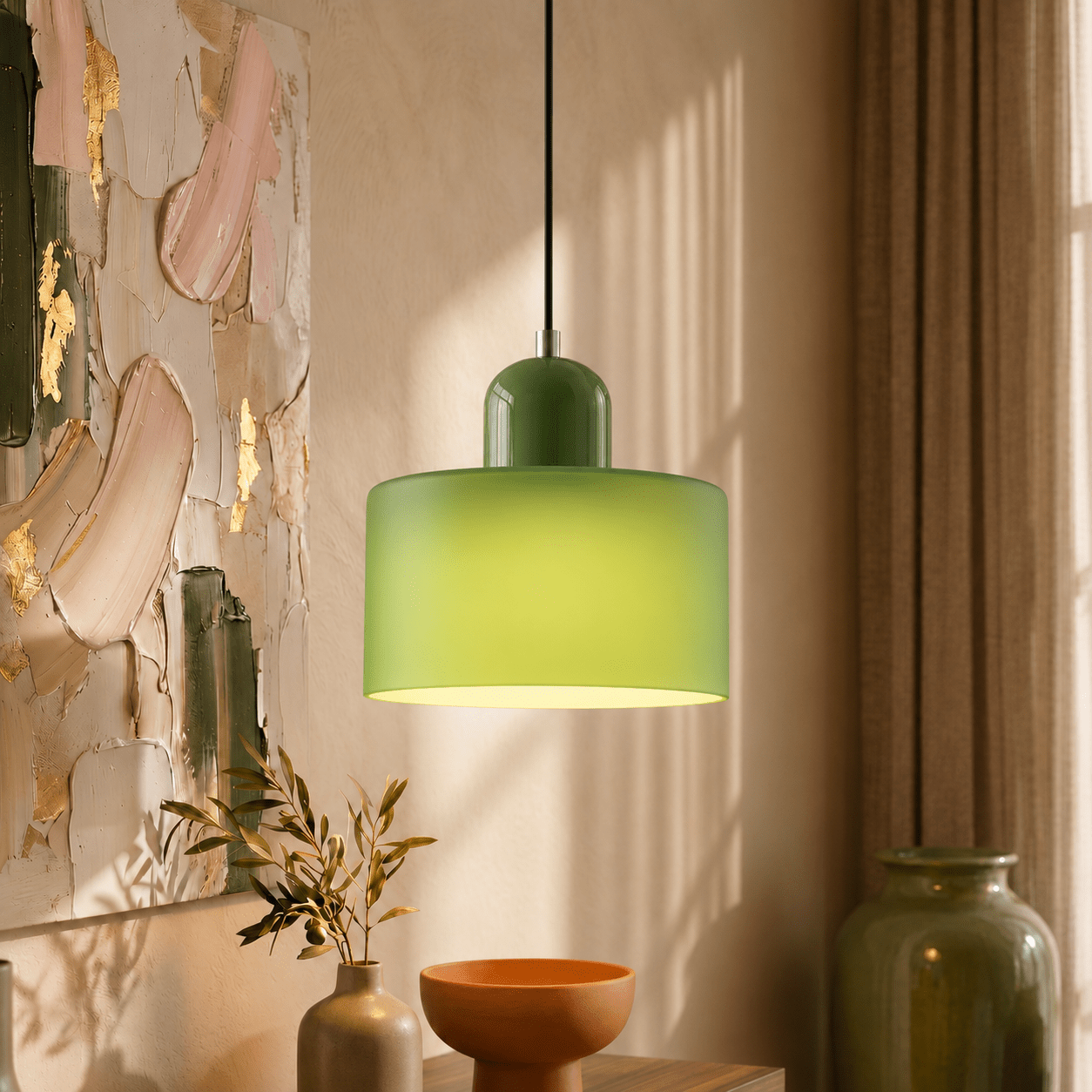 Bauhaus Pendelleuchte mit Modernem Zylindrischen Schirmdesign - Deckenleuchte - Mattgrün - Voldeva