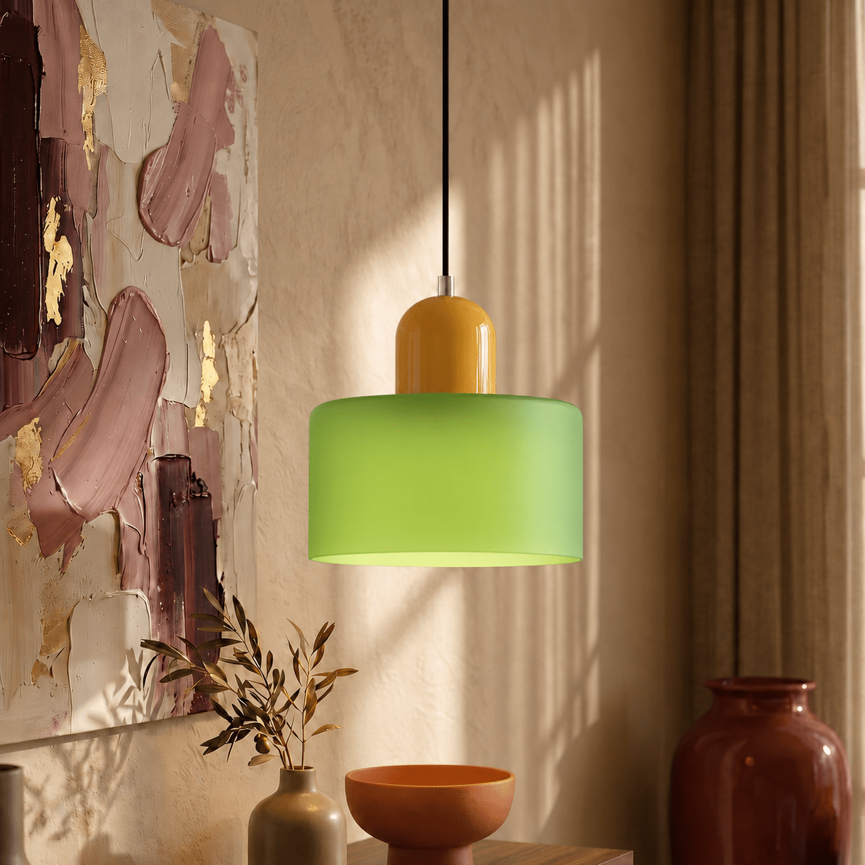 Bauhaus Pendelleuchte mit Modernem Zylindrischen Schirmdesign - Deckenleuchte - Mattgrün - Voldeva