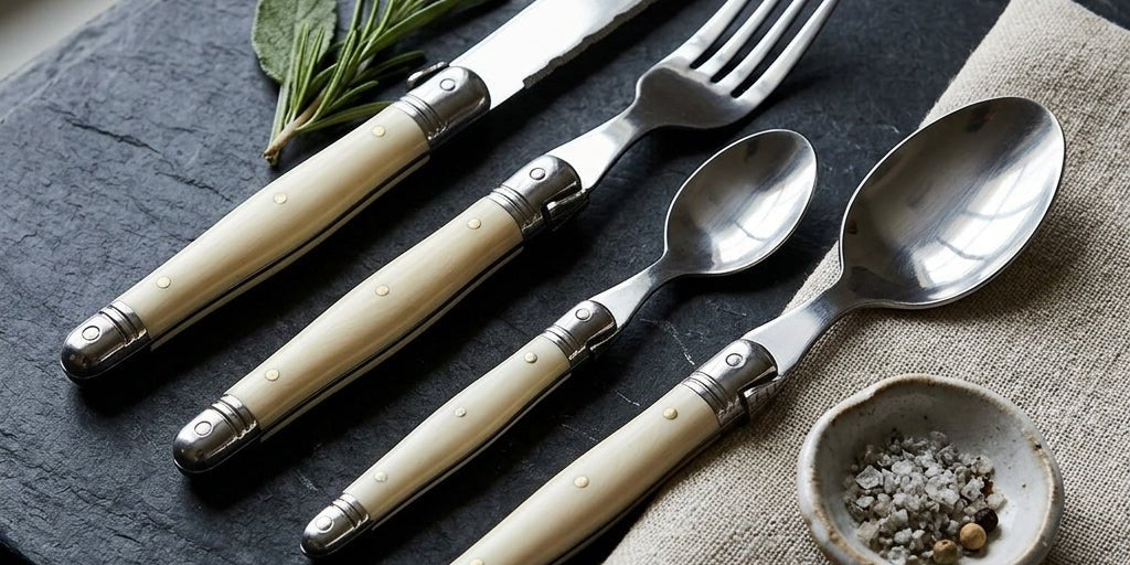 Besteckset mit hellem Griff in Holzoptik - Besteckset - 24 - teiliges Set - Voldeva