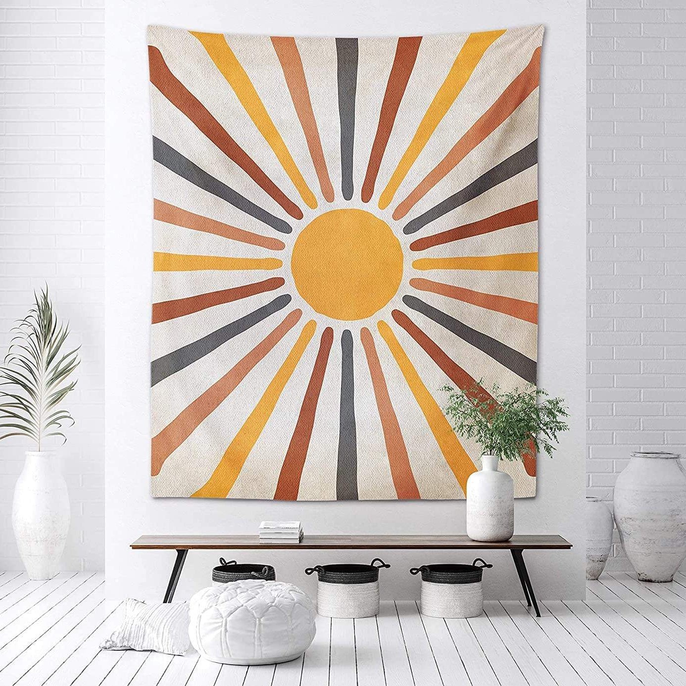 Boho Wandteppich mit abstraktem Retro Sonnen - Design - Wandteppich - 95×70 cm - Voldeva