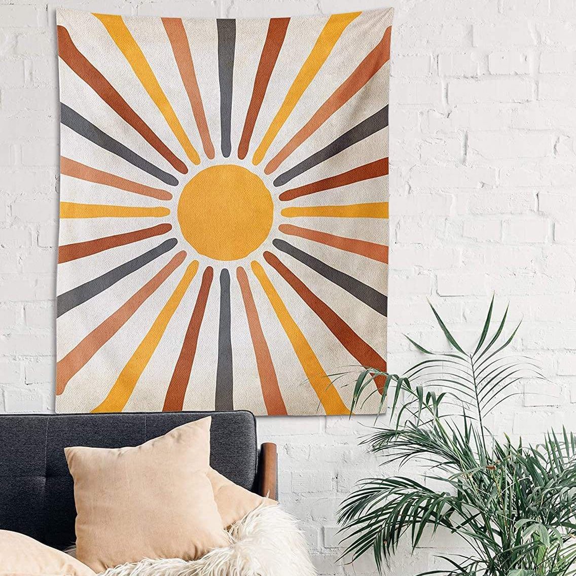 Boho Wandteppich mit abstraktem Retro Sonnen - Design - Wandteppich - 95×70 cm - Voldeva