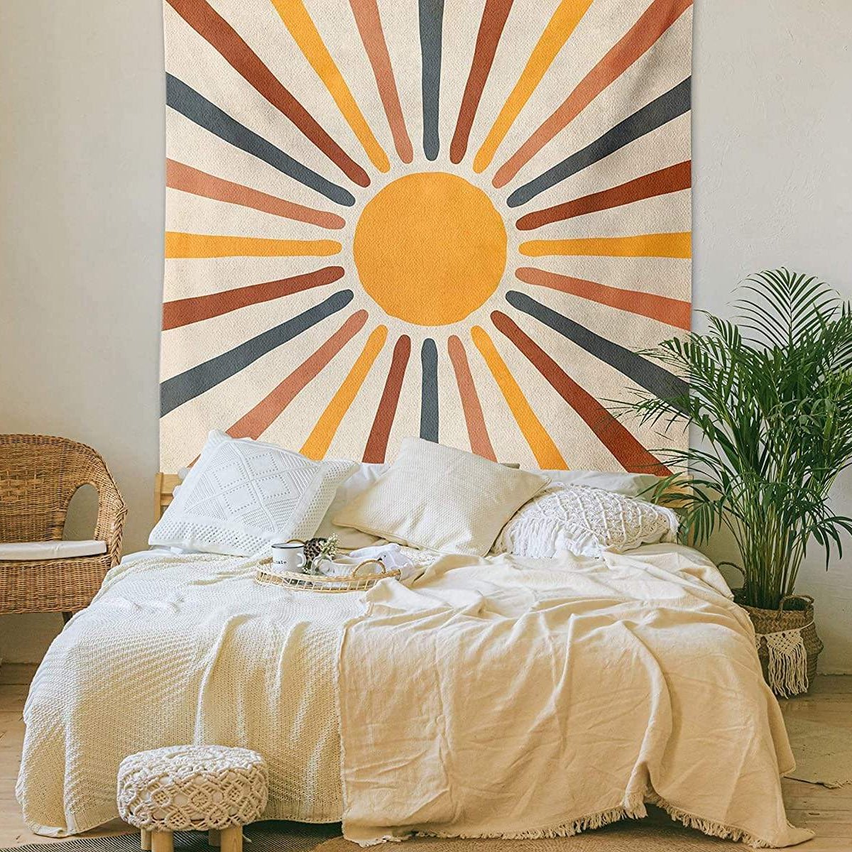 Boho Wandteppich mit abstraktem Retro Sonnen - Design - Wandteppich - 95×70 cm - Voldeva