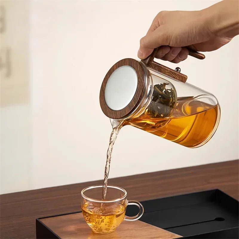 Borosilikat - Teekanne mit Edelstahl - Infuser und Griff aus Naturholz für Teegenuss - 550 ml - Voldeva
