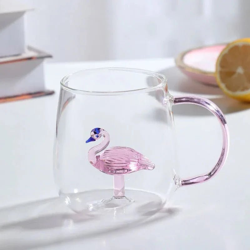 Borosilikatglas - Tasse mit 3D - Tiermotiv für Kaffee und Tee - Becher - Kranich - Voldeva