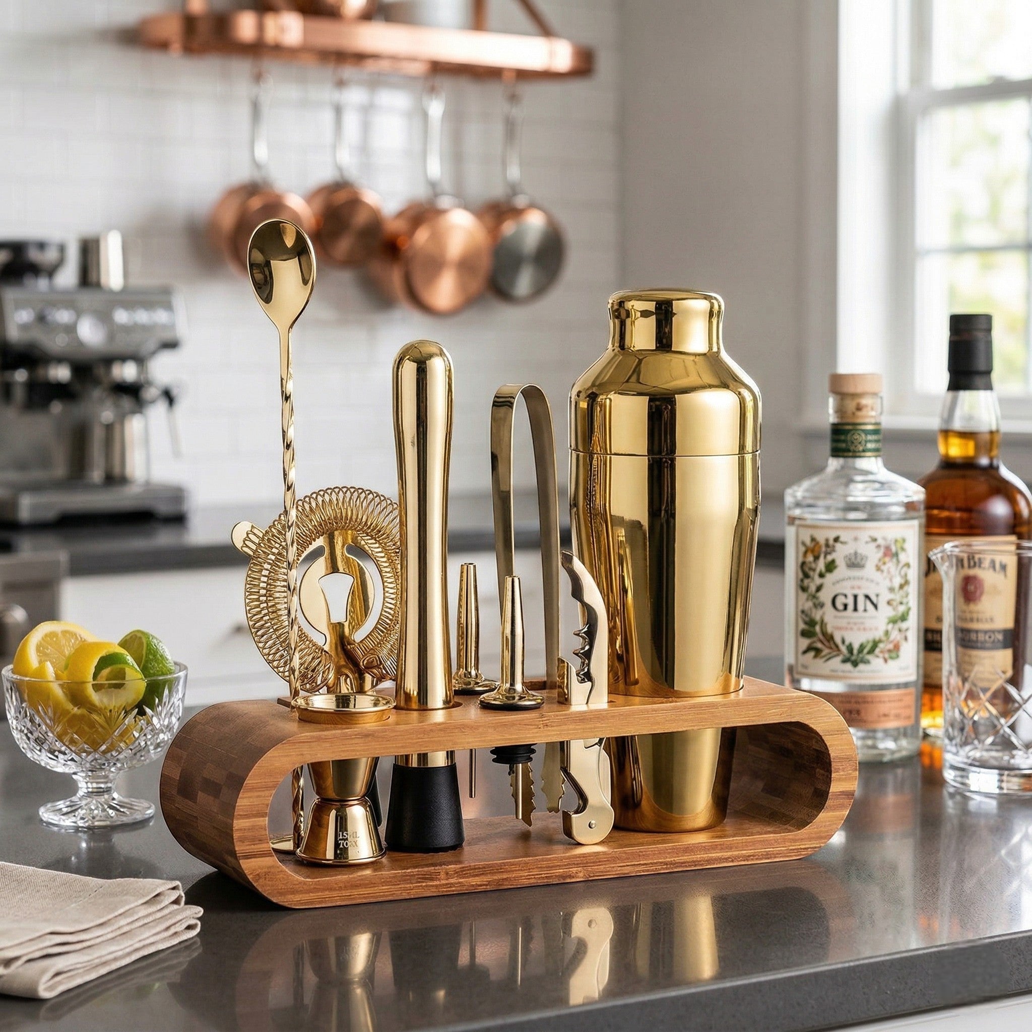 Cocktail Bar Set mit Aufbewahrungsständer - Küche & Essbereich - Gold - Voldeva