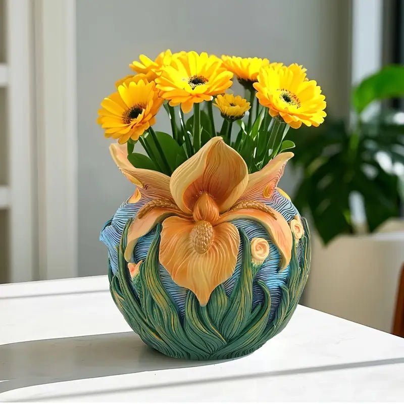 Dekorative Blumenvase Rund mit Kunstgemälde - Motiv - Vasen - Orange - Voldeva