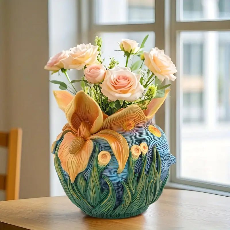 Dekorative Blumenvase Rund mit Kunstgemälde - Motiv - Vasen - Orange - Voldeva