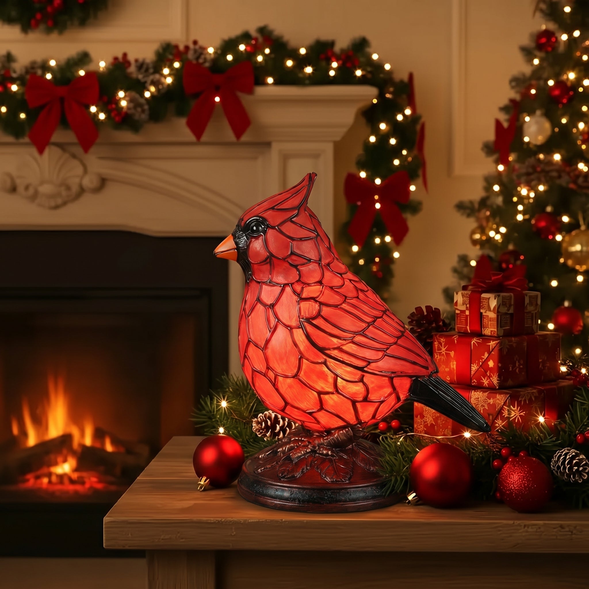 Dekorative Tischlampe im Tiffany - Stil mit Rotem Kardinal - Vogel - Lampen - 10x8x14 cm - Voldeva