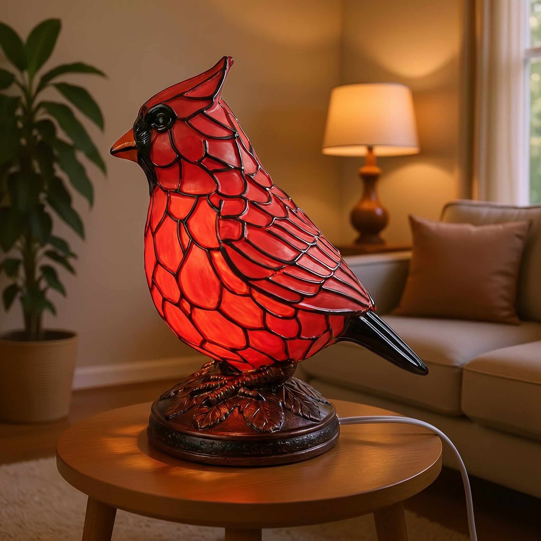 Dekorative Tischlampe im Tiffany - Stil mit Rotem Kardinal - Vogel - Lampen - 12x9x17 cm - Voldeva