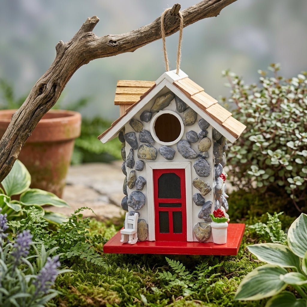 Dekoratives Hängendes Vogelhaus mit Stein Optik - Hängendes Vogelhäuschen - Voldeva