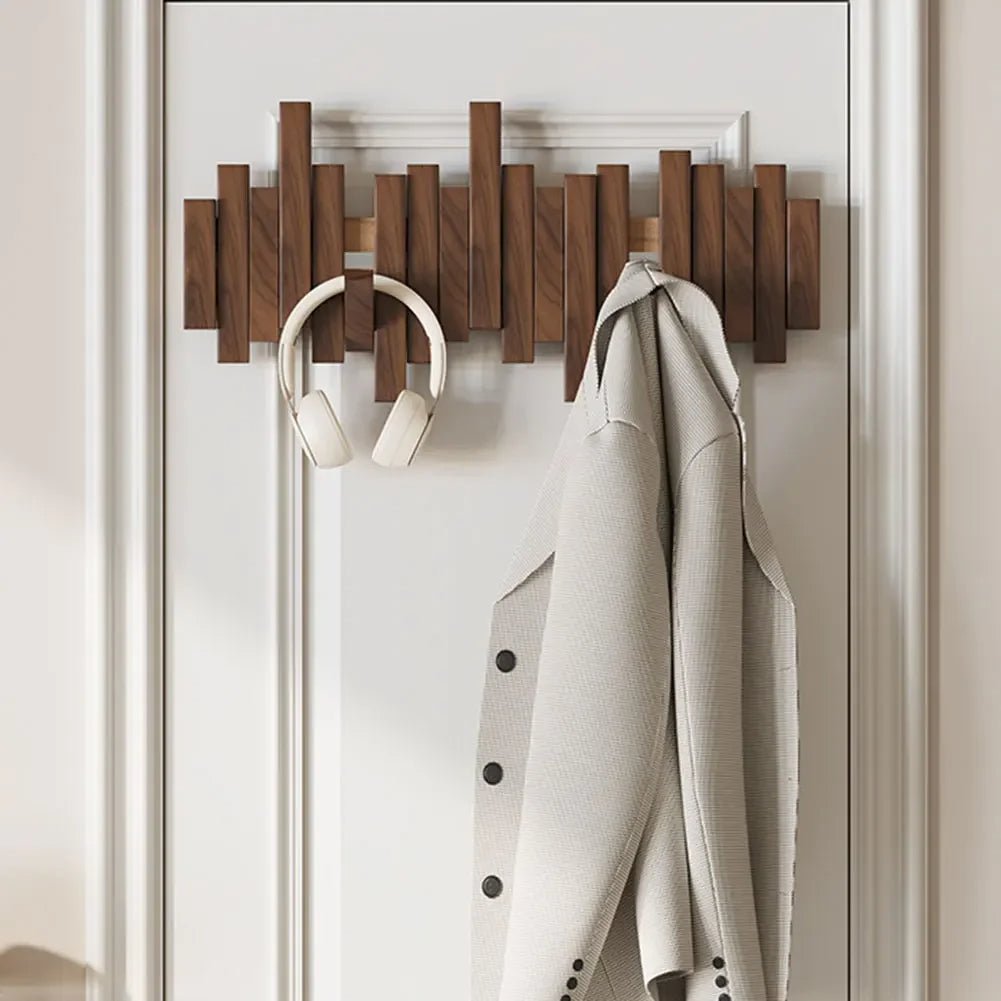Design Holzgarderobe mit Klapphaken für Flur und Eingangsbereich - Utility Hooks - Dunkelbraun - Voldeva