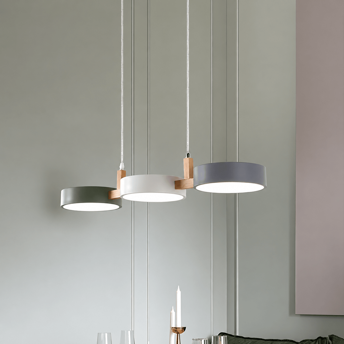 Dreiflammige LED Pendelleuchte im Skandinavischen Design - Pendant Light Fixtures - Weiß-Grau-Grün - Voldeva