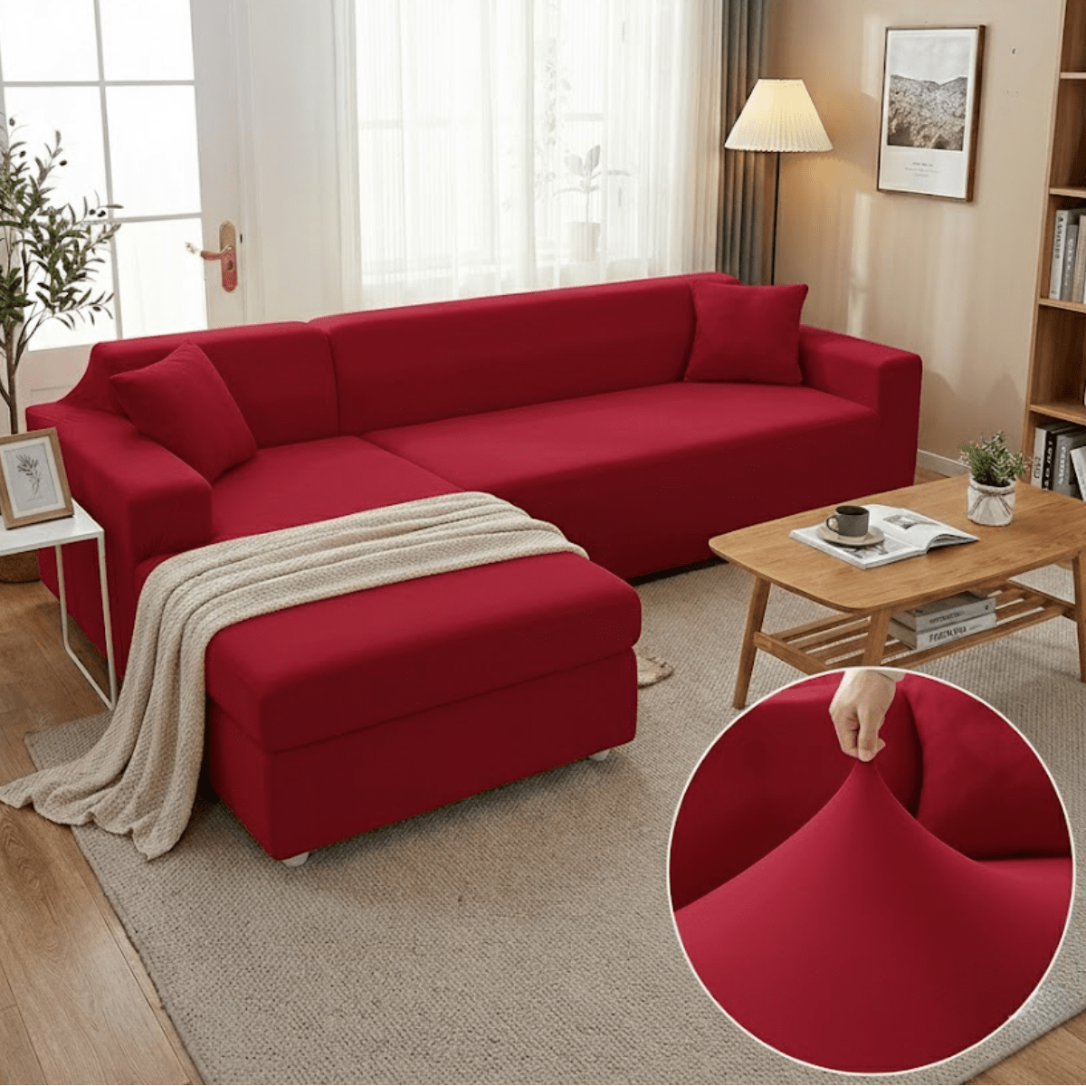 Elastischer Sofaüberzug für L - Form Sofas mit Kissenbezügen - Wohnzimmer - Rot - Voldeva