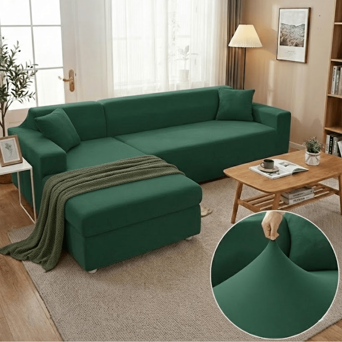 Elastischer Sofaüberzug für L - Form Sofas mit Kissenbezügen - Wohnzimmer - Grün - Voldeva