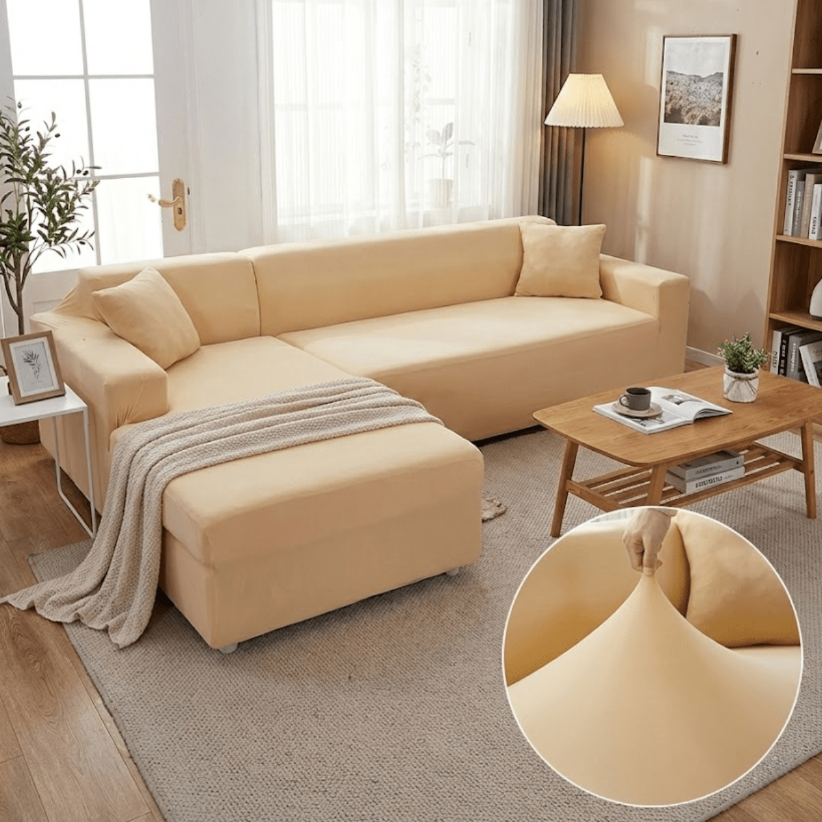 Elastischer Sofaüberzug für L - Form Sofas mit Kissenbezügen - Wohnzimmer - Beige - Voldeva