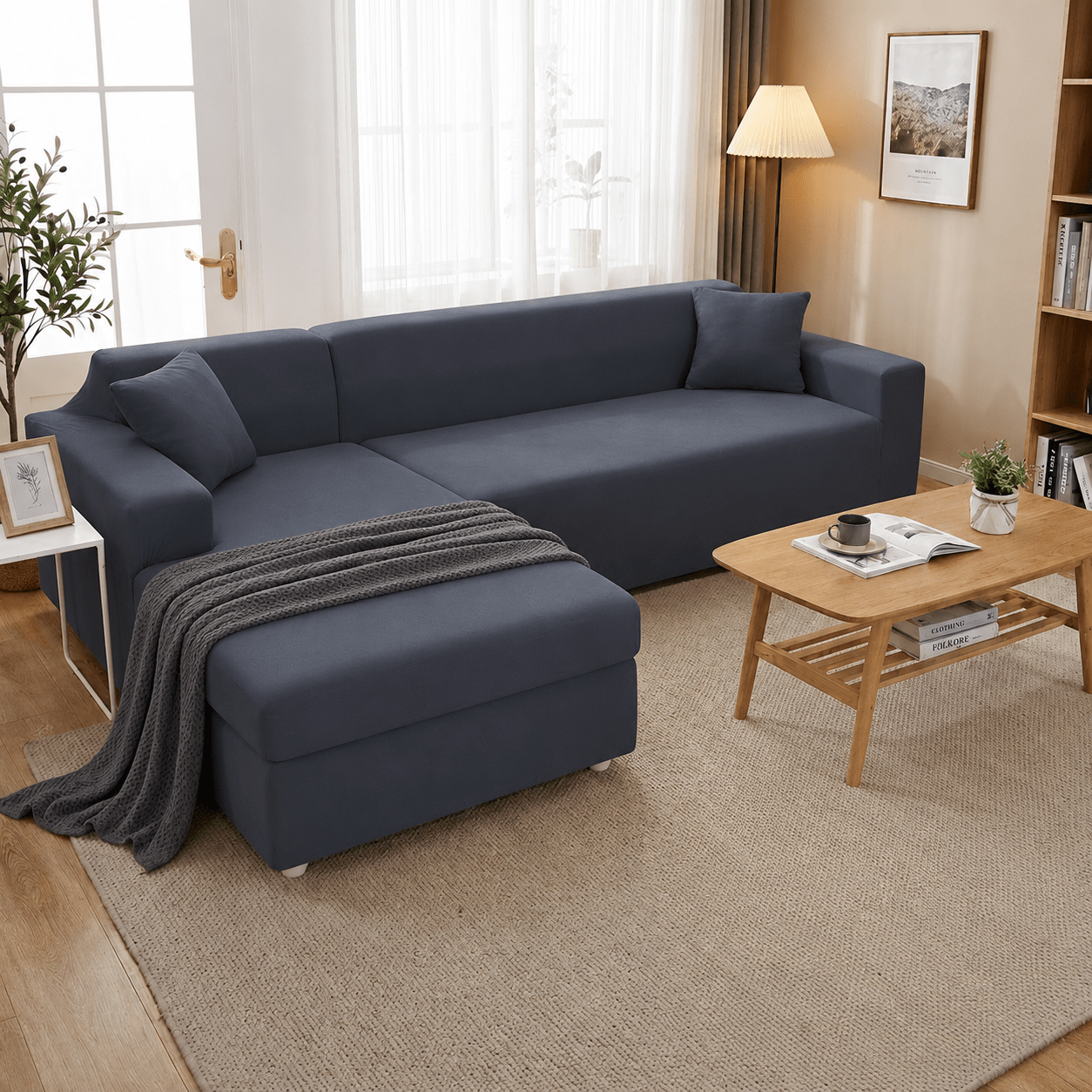 Elastischer Sofaüberzug für L-Form Sofas mit Kissenbezügen - Wohnzimmer - Dunkelgrau - Voldeva
