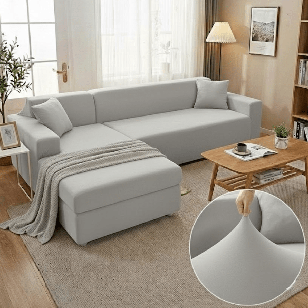 Elastischer Sofaüberzug für L - Form Sofas mit Kissenbezügen - Wohnzimmer - Hellgrau - Voldeva