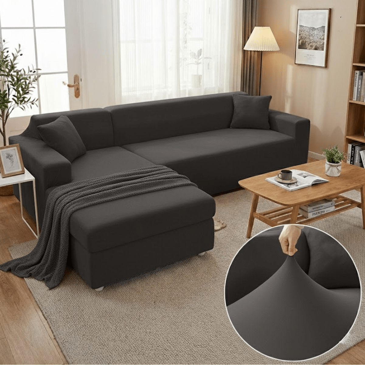 Elastischer Sofaüberzug für L - Form Sofas mit Kissenbezügen - Wohnzimmer - Dunkelgrau - Voldeva