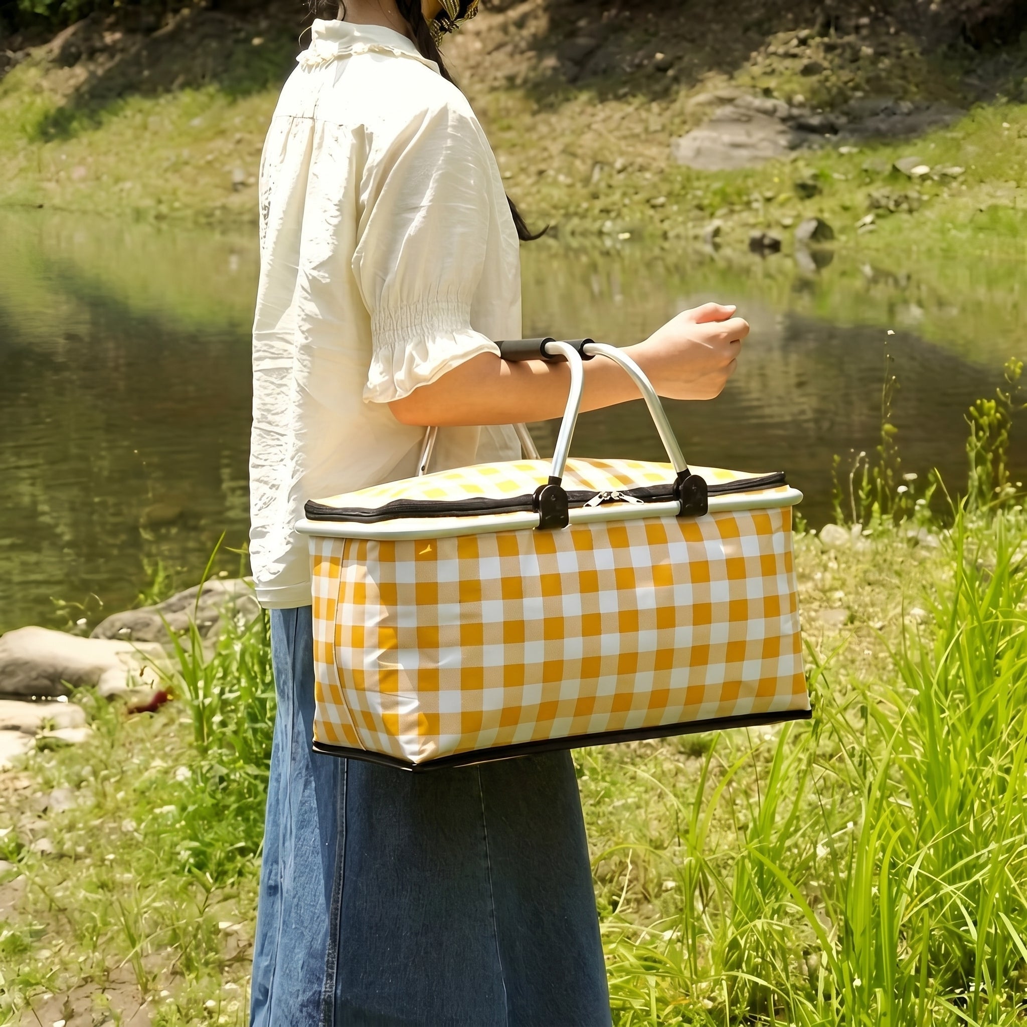 Faltbarer Picknickkorb mit Karo - Muster und Doppelreißverschluss - Picknickkorb - Gelb - Voldeva