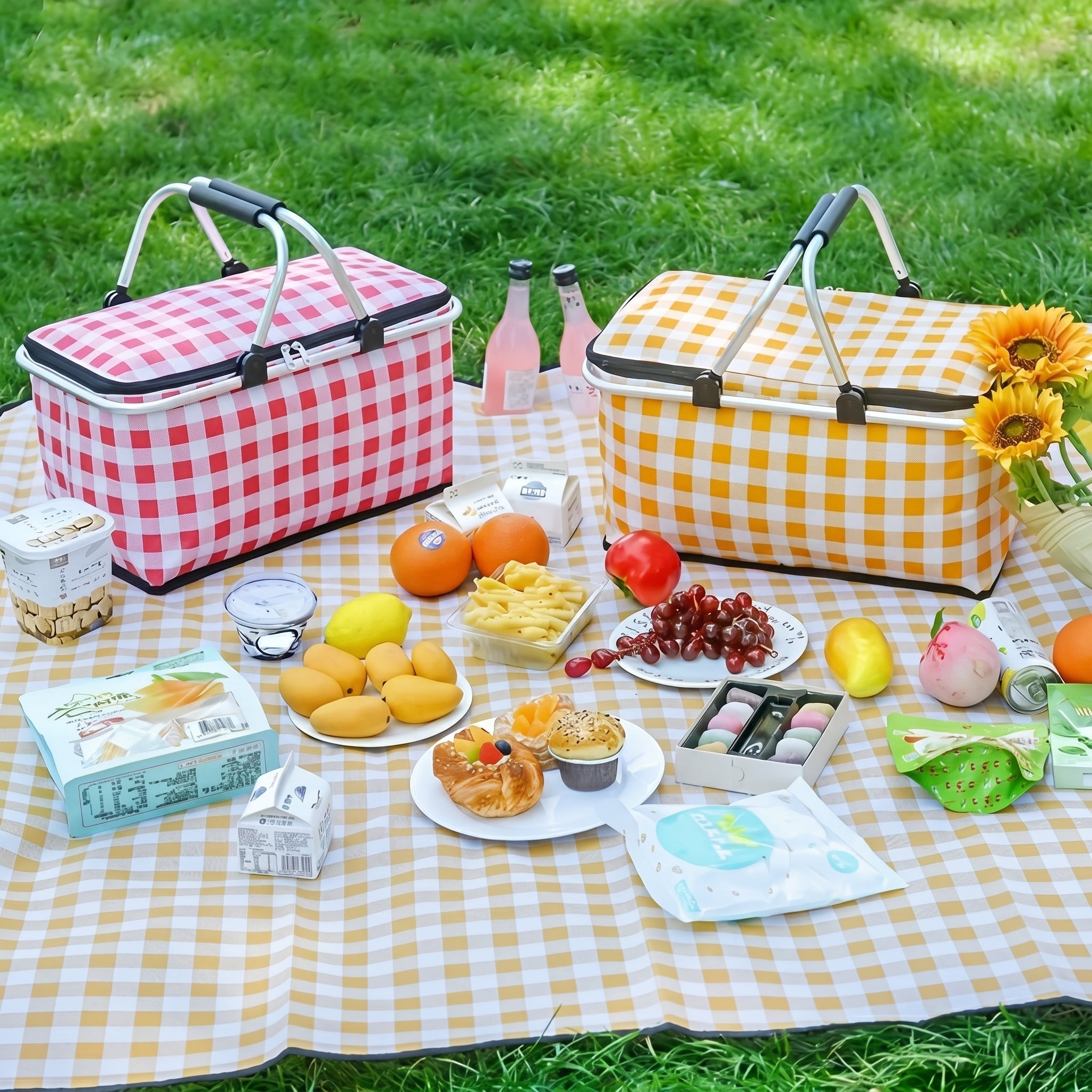 Faltbarer Picknickkorb mit Karo - Muster und Doppelreißverschluss - Picknickkorb - Hellgelb - Voldeva