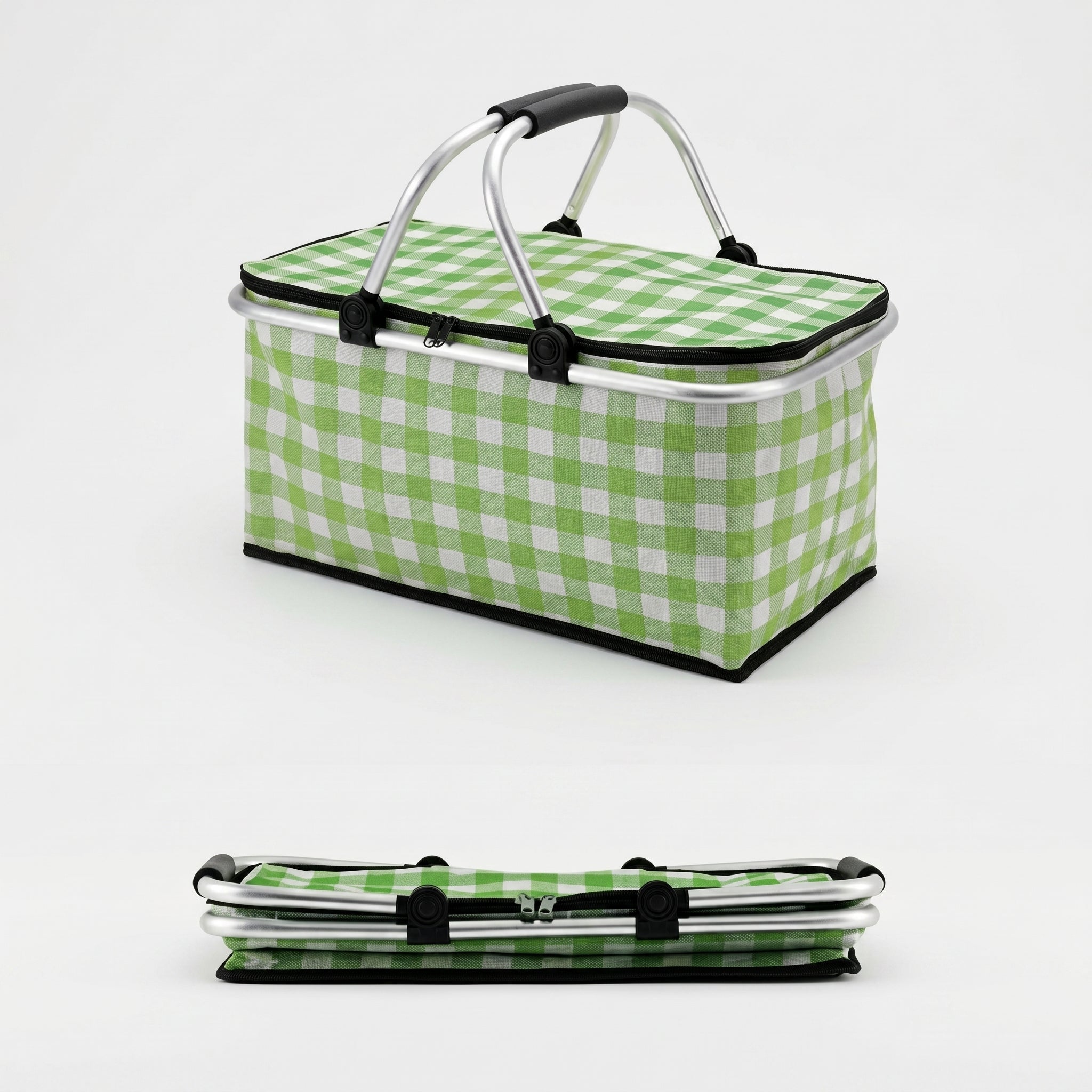 Faltbarer Picknickkorb mit Karo - Muster und Doppelreißverschluss - Picknickkorb - Grün - Voldeva