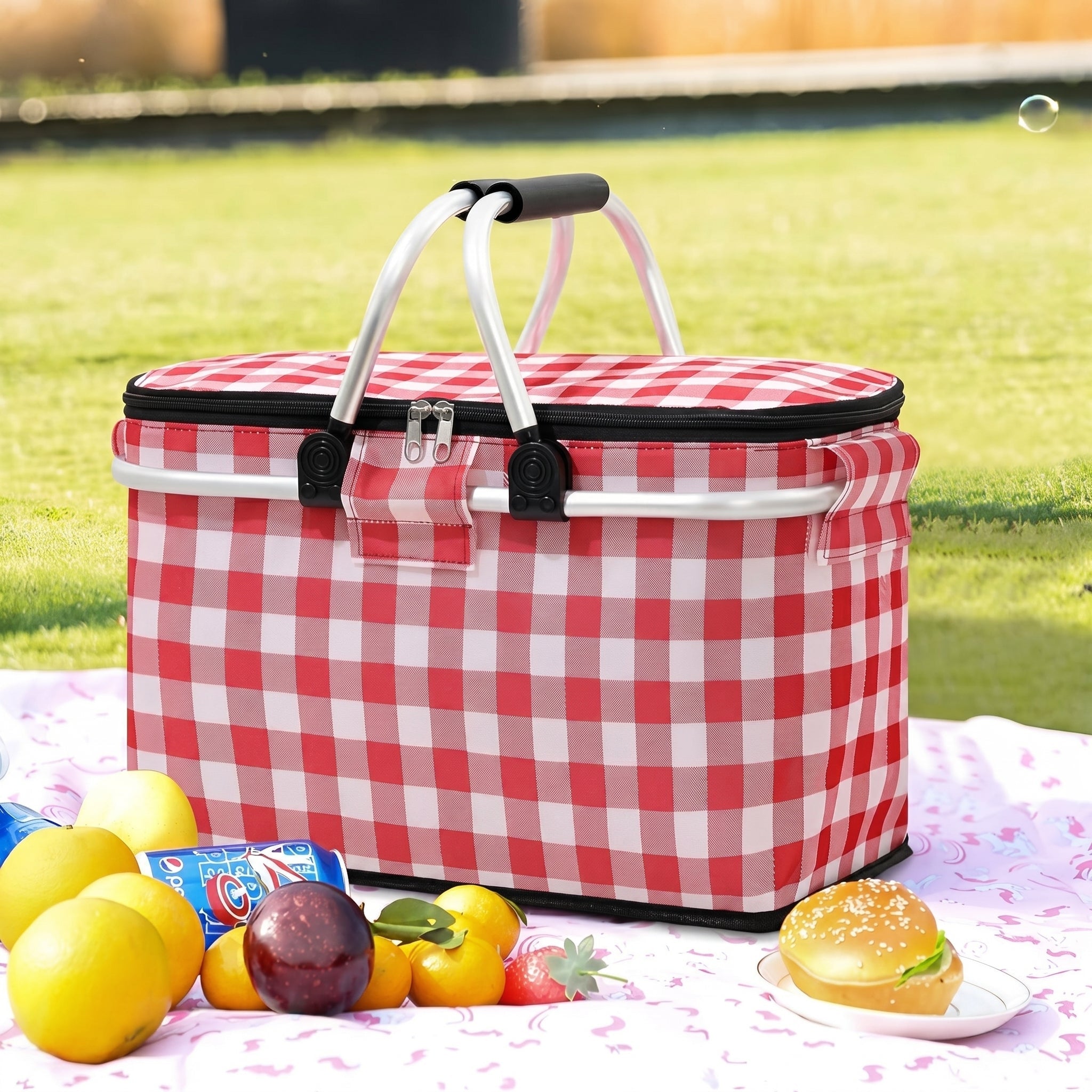 Faltbarer Picknickkorb mit Karo - Muster und Doppelreißverschluss - Picknickkorb - Rot - Voldeva