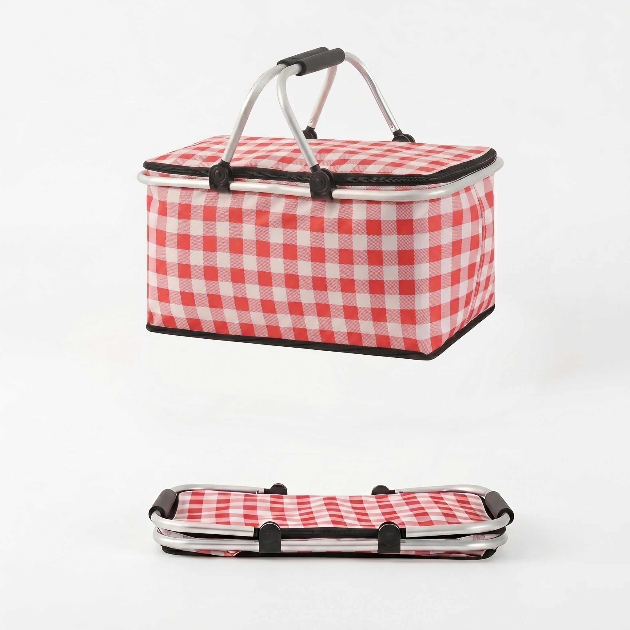 Faltbarer Picknickkorb mit Karo - Muster und Doppelreißverschluss - Picknickkorb - Rot - Voldeva