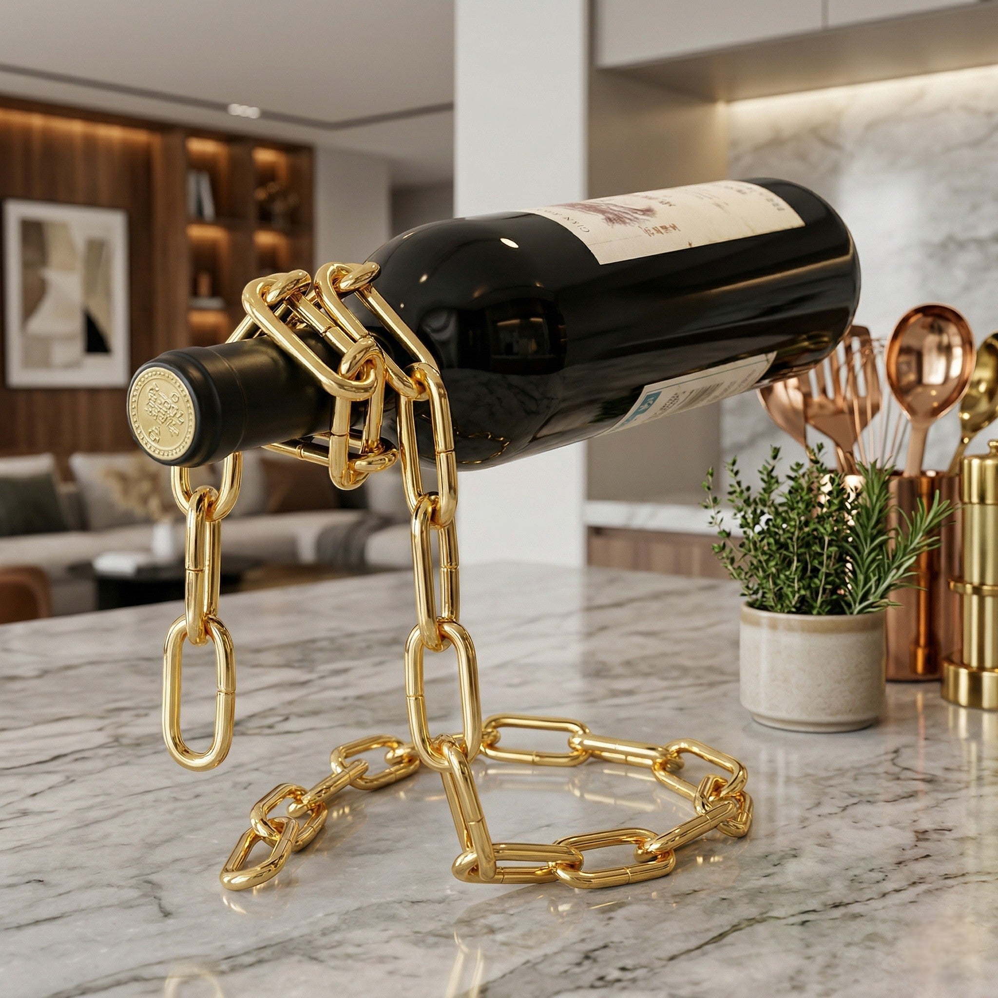 Einzigartiger schwimmender Weinflaschenhalter mit Kette - Weinregale - Antikes Gold - Voldeva