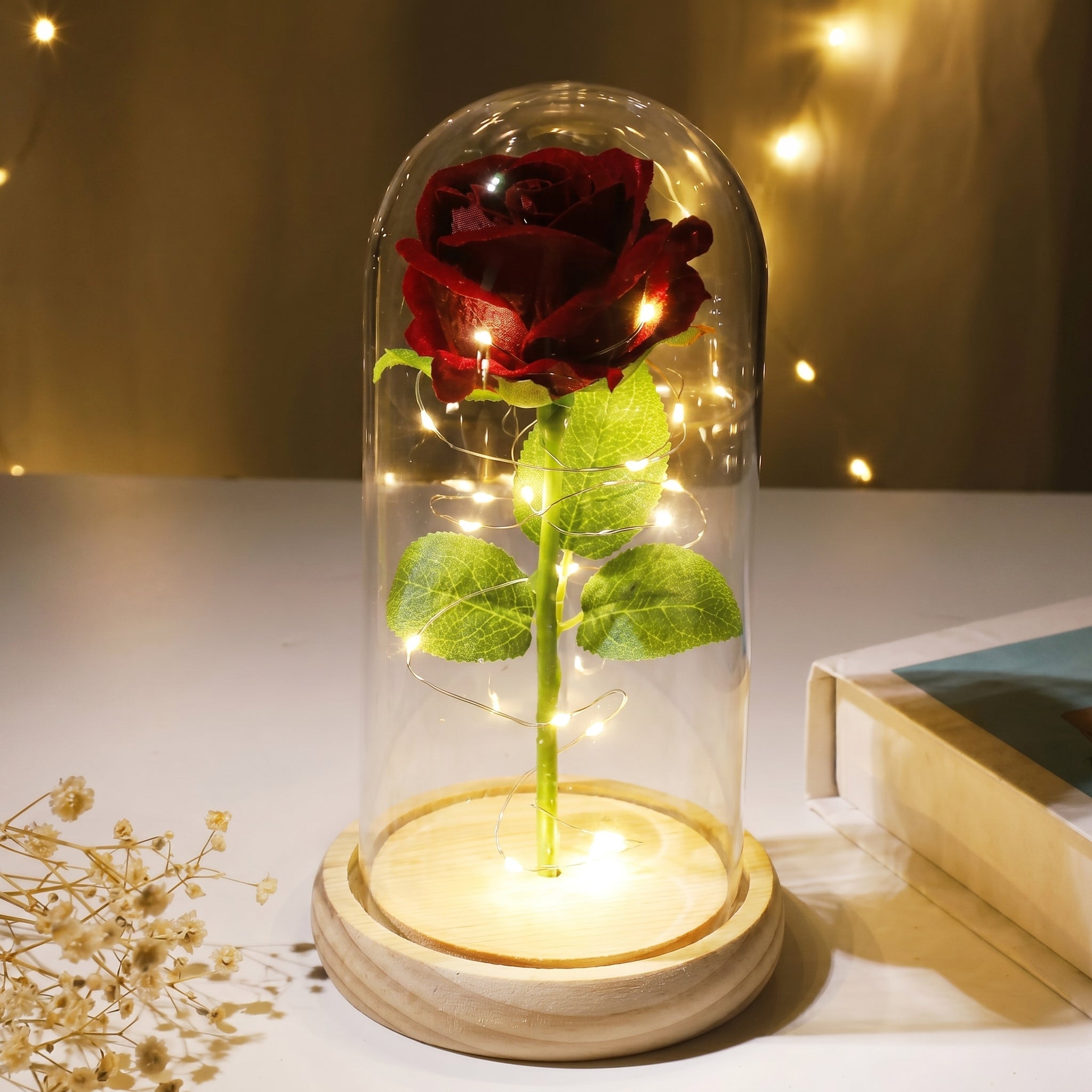 Flore – Rose in Glaskuppel mit LED - Beleuchtung - Dekorationen - Dunkelrot - Voldeva