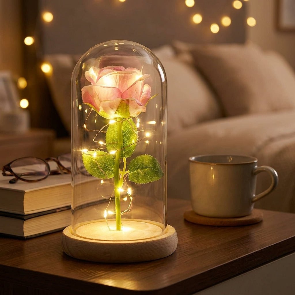Flore – Rose in Glaskuppel mit LED - Beleuchtung - Dekorationen - Rosa - Voldeva