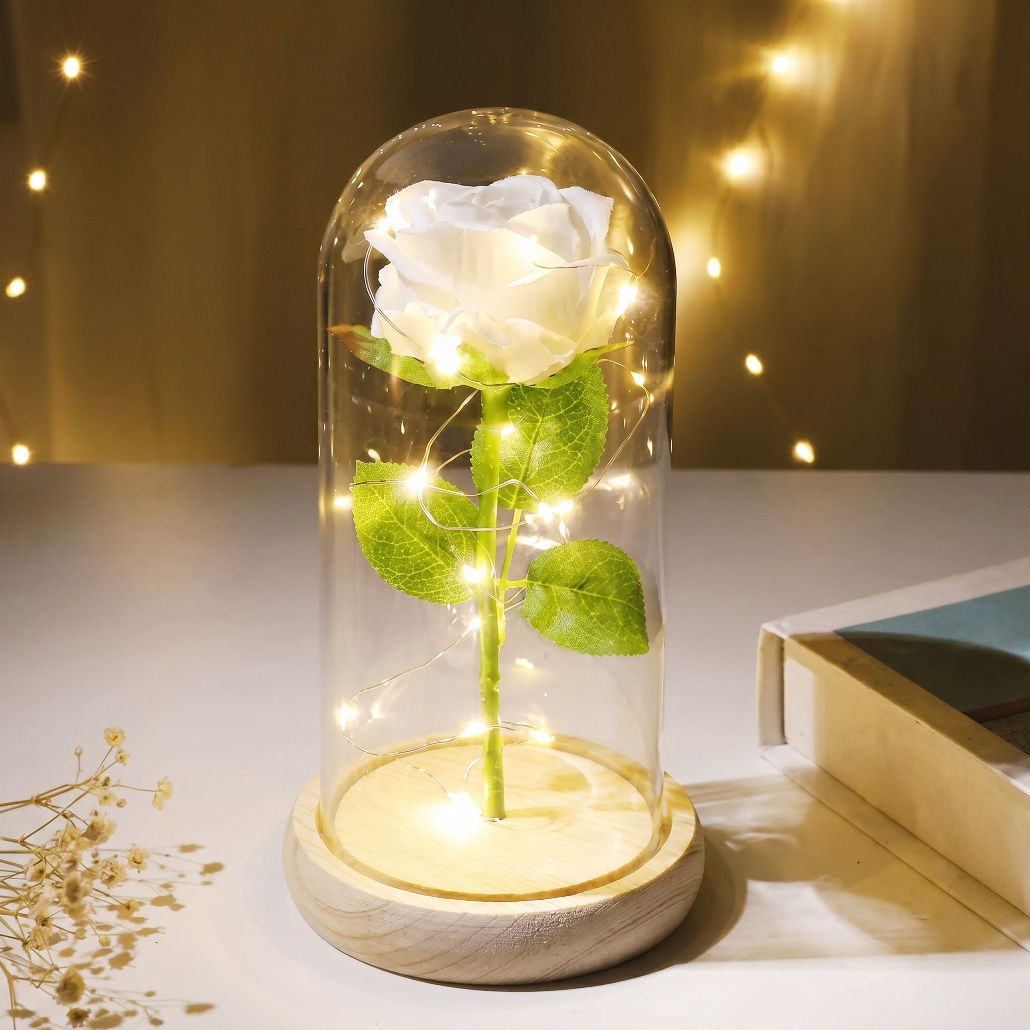 Flore – Rose in Glaskuppel mit LED - Beleuchtung - Dekorationen - Helles Weiß - Voldeva