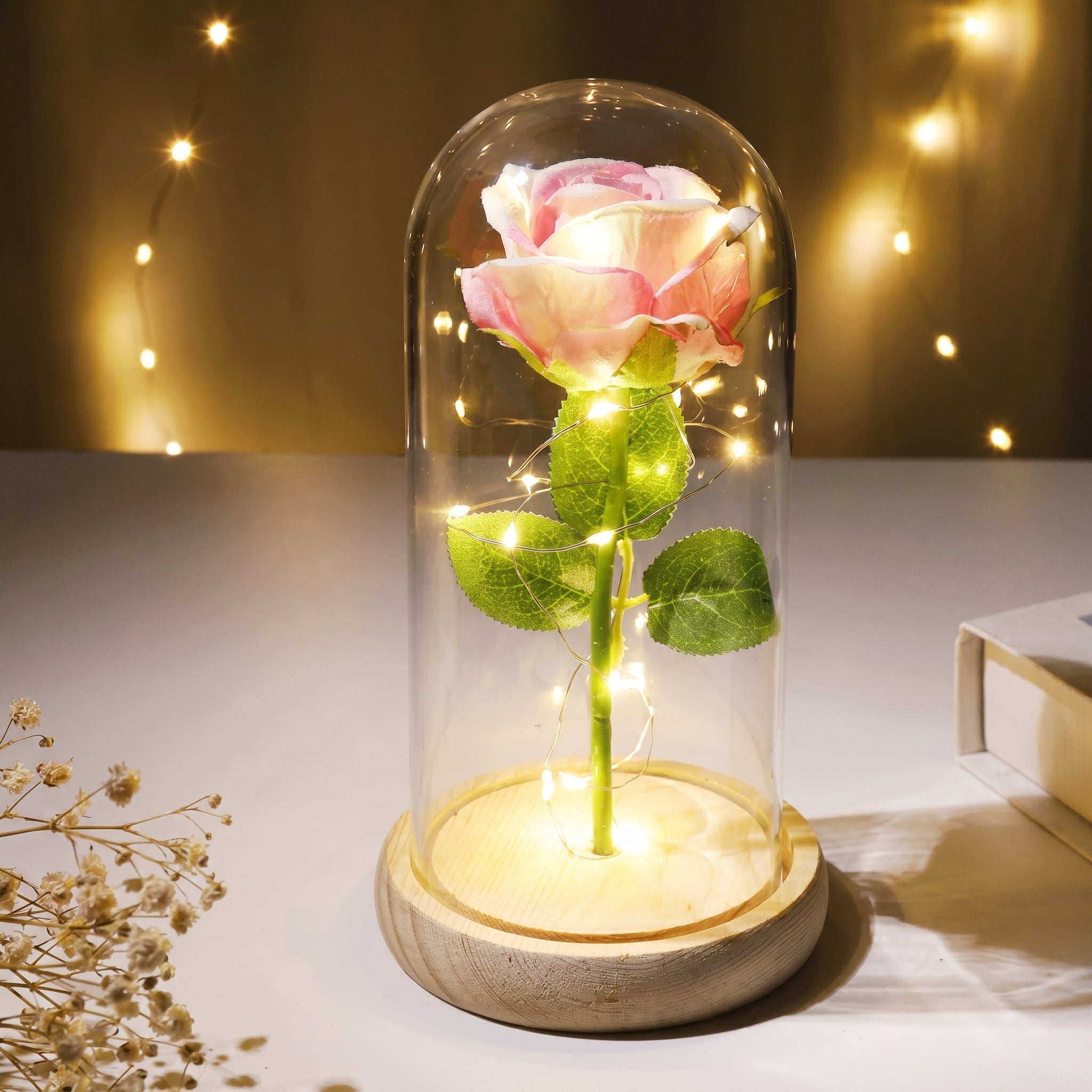 Flore – Rose in Glaskuppel mit LED - Beleuchtung - Dekorationen - Rosa - Voldeva