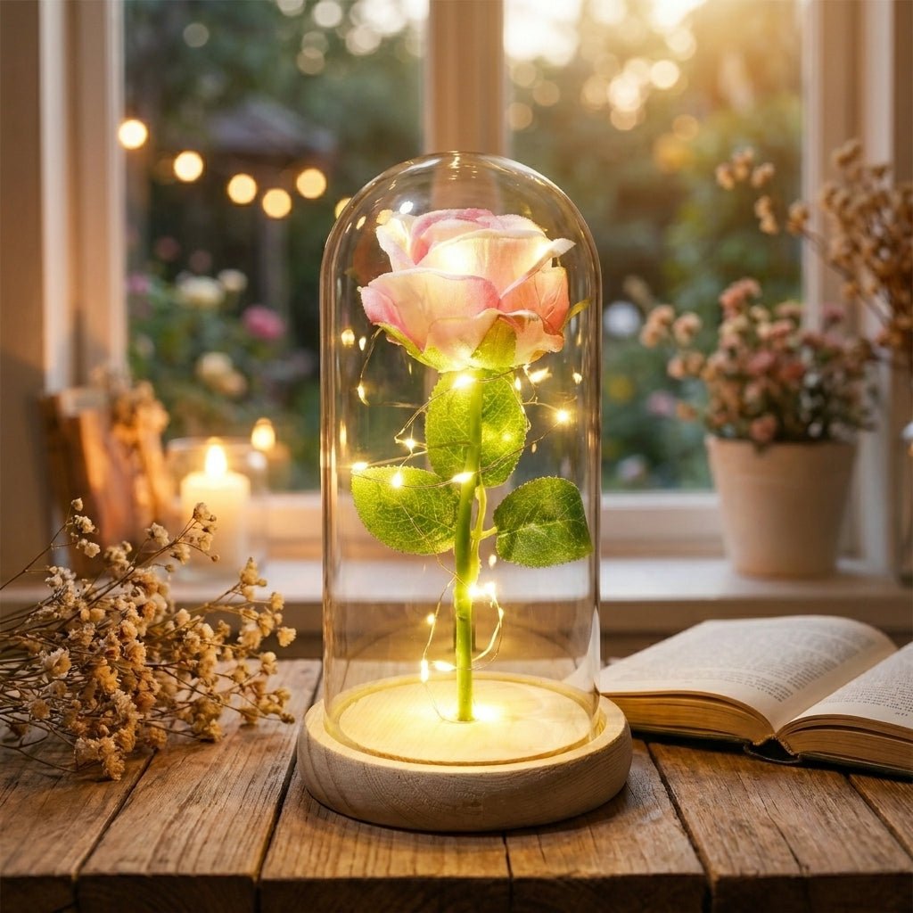 Flore – Rose in Glaskuppel mit LED - Beleuchtung - Dekorationen - Rosa - Voldeva