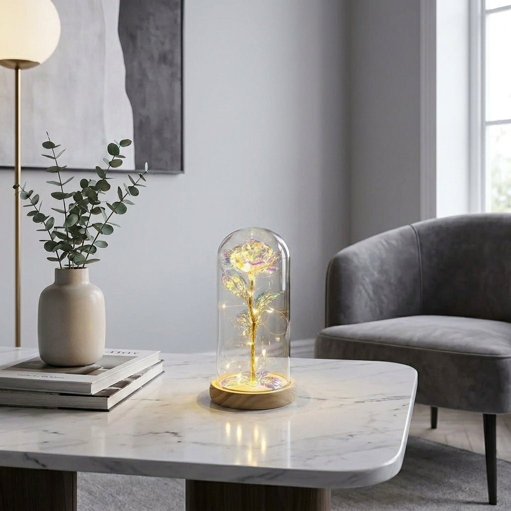 Flore – Rose in Glaskuppel mit LED - Beleuchtung - Dekorationen - Regenbogen - Voldeva