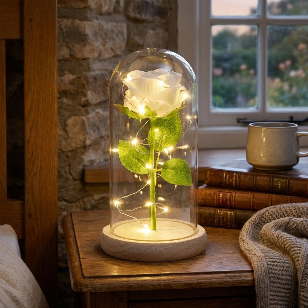 Flore – Rose in Glaskuppel mit LED - Beleuchtung - Dekorationen - Helles Weiß - Voldeva