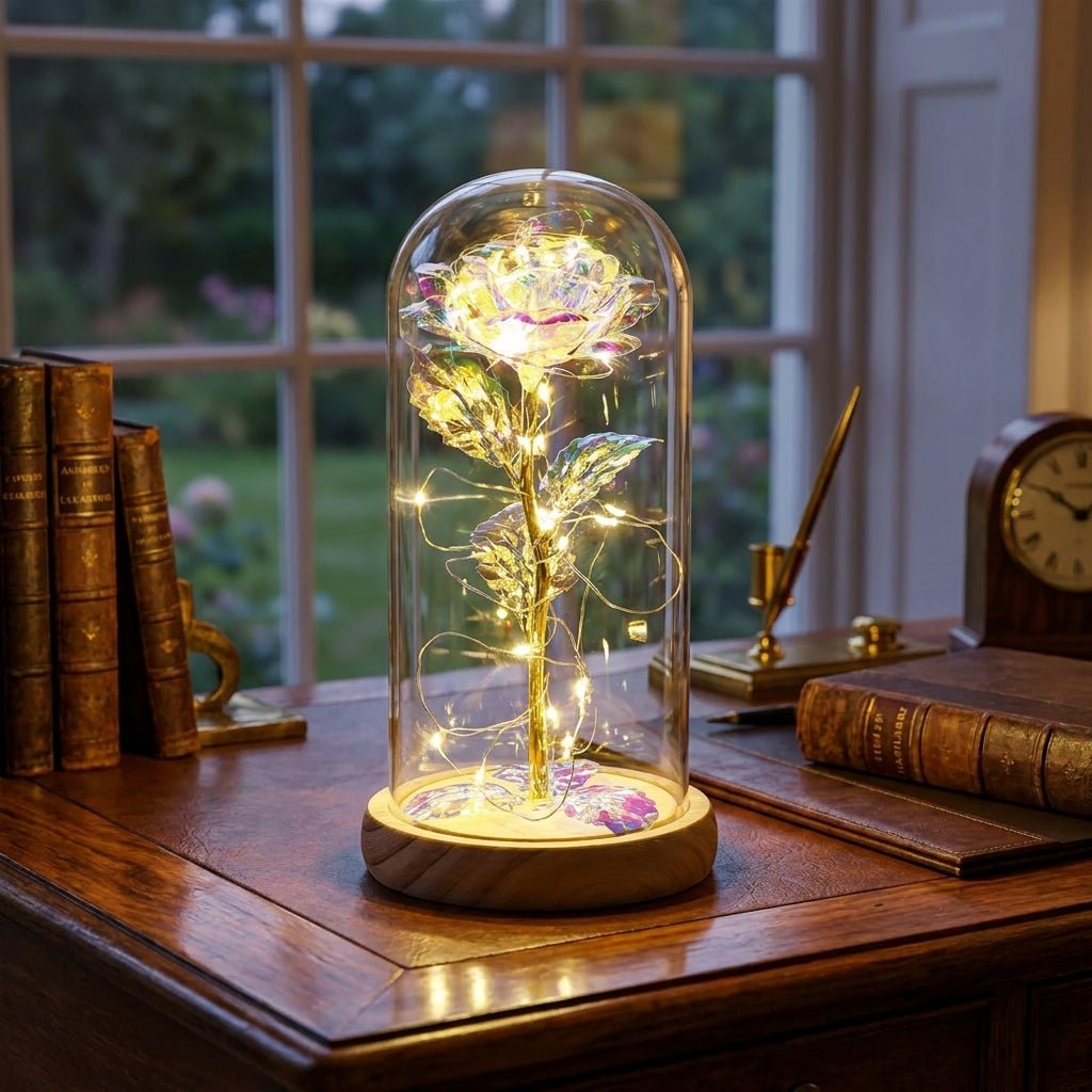 Flore – Rose in Glaskuppel mit LED - Beleuchtung - Dekorationen - Regenbogen - Voldeva