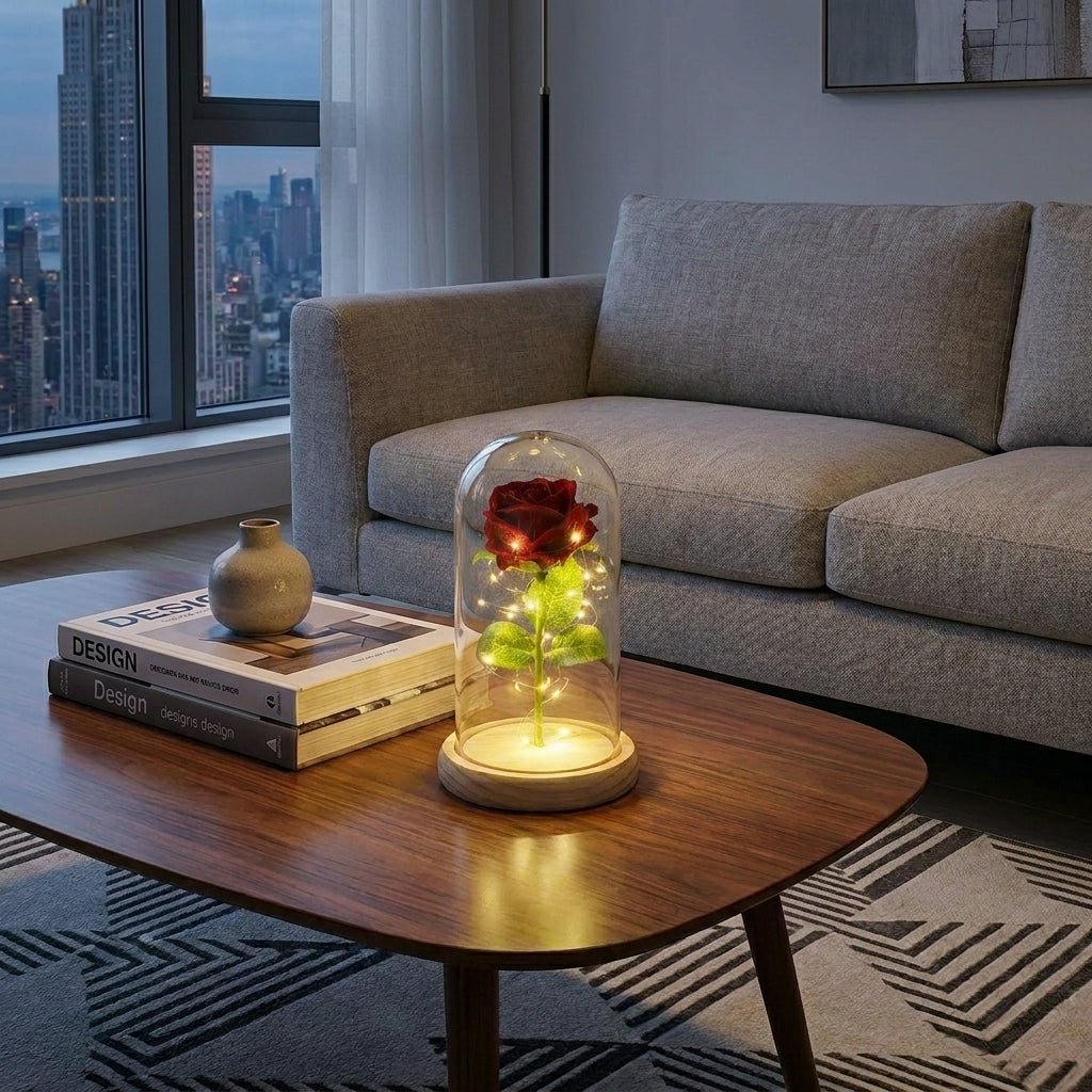 Flore – Rose in Glaskuppel mit LED - Beleuchtung - Dekorationen - Dunkelrot - Voldeva