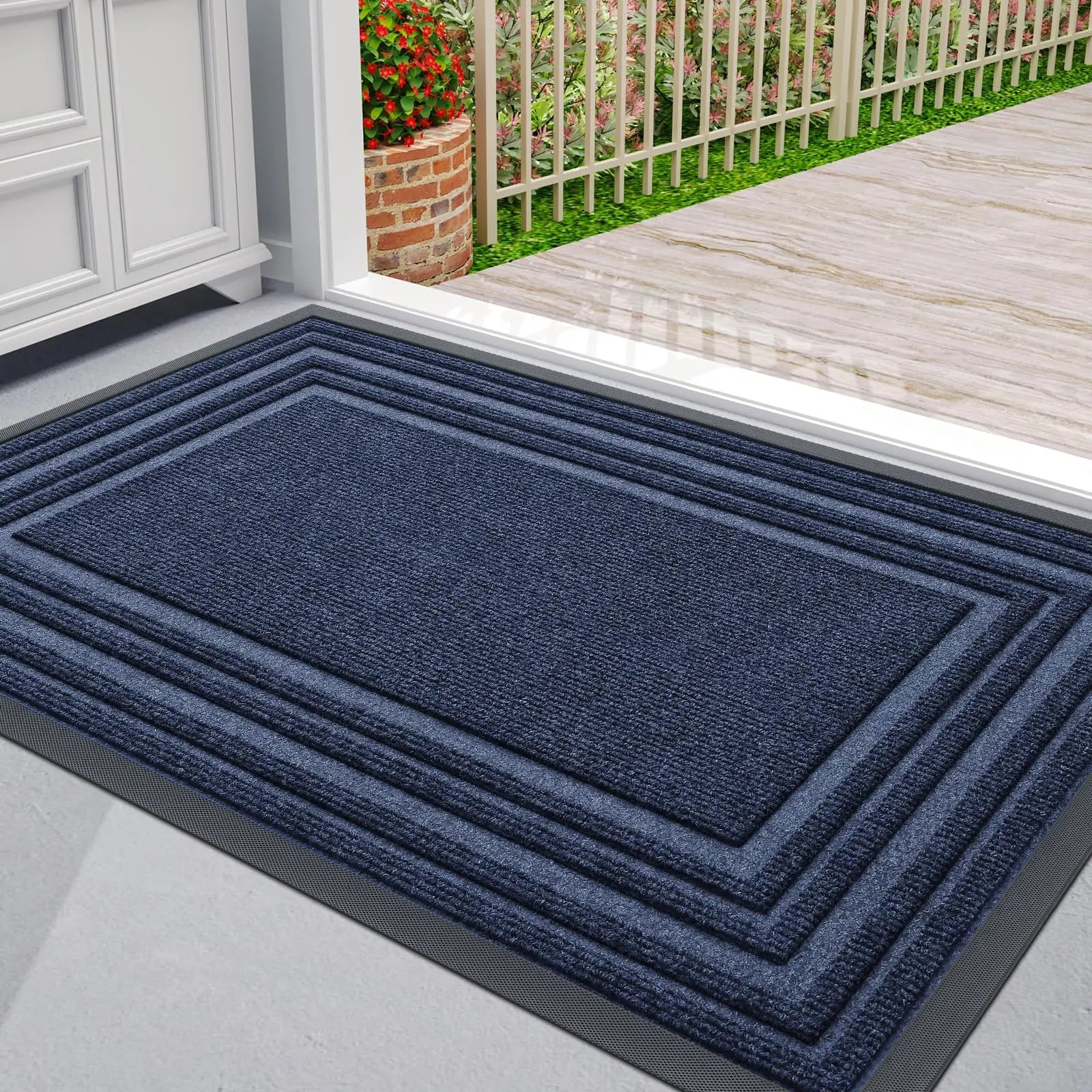 Türmatte mit Rahmendesign und rutschfester Unterseite - Fußmatte - Marineblau - Voldeva