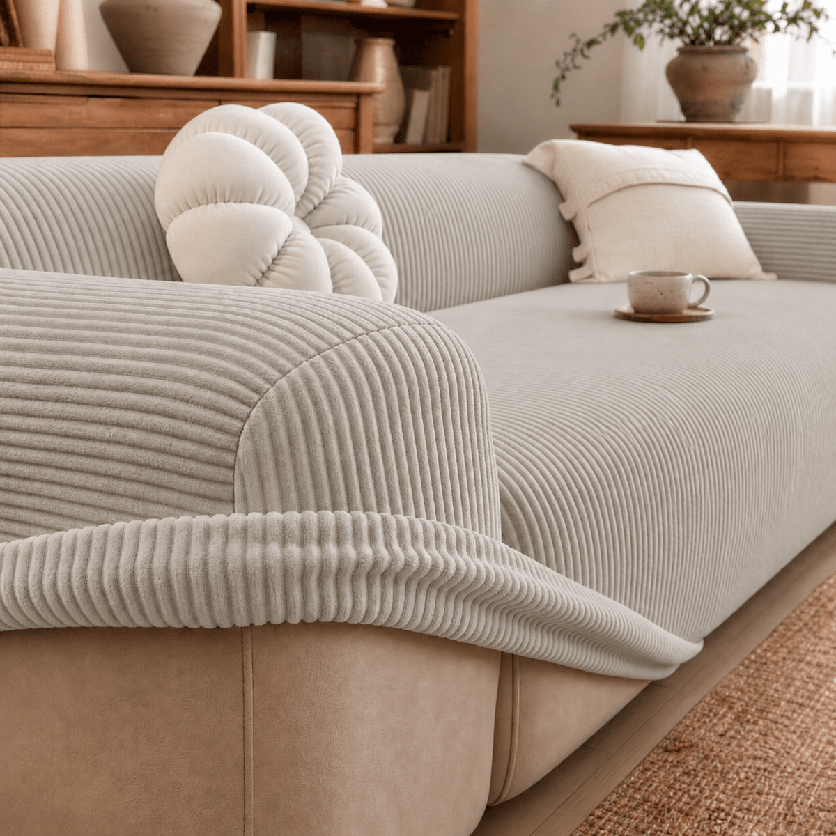 Gerippter Sofabezug mit elastischem Stretch-Material - Slipcovers - Hellgrau - Voldeva