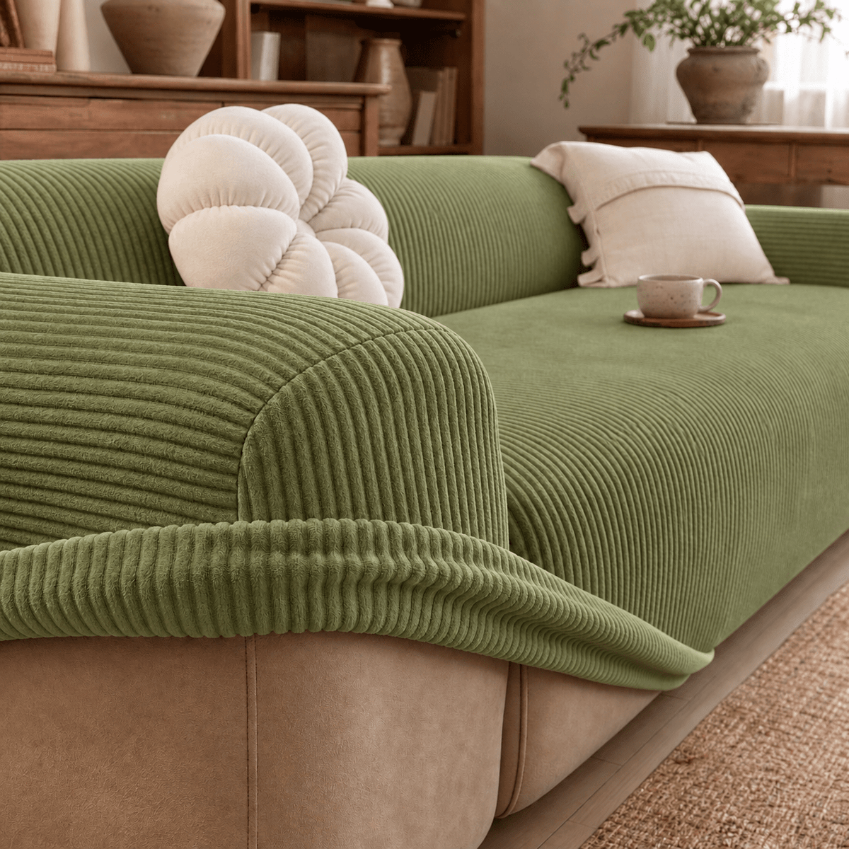 Gerippter Sofabezug mit elastischem Stretch-Material - Slipcovers - Grün - Voldeva