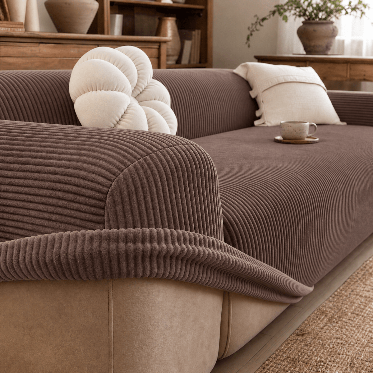 Gerippter Sofabezug mit elastischem Stretch-Material - Slipcovers - Kaffee - Voldeva