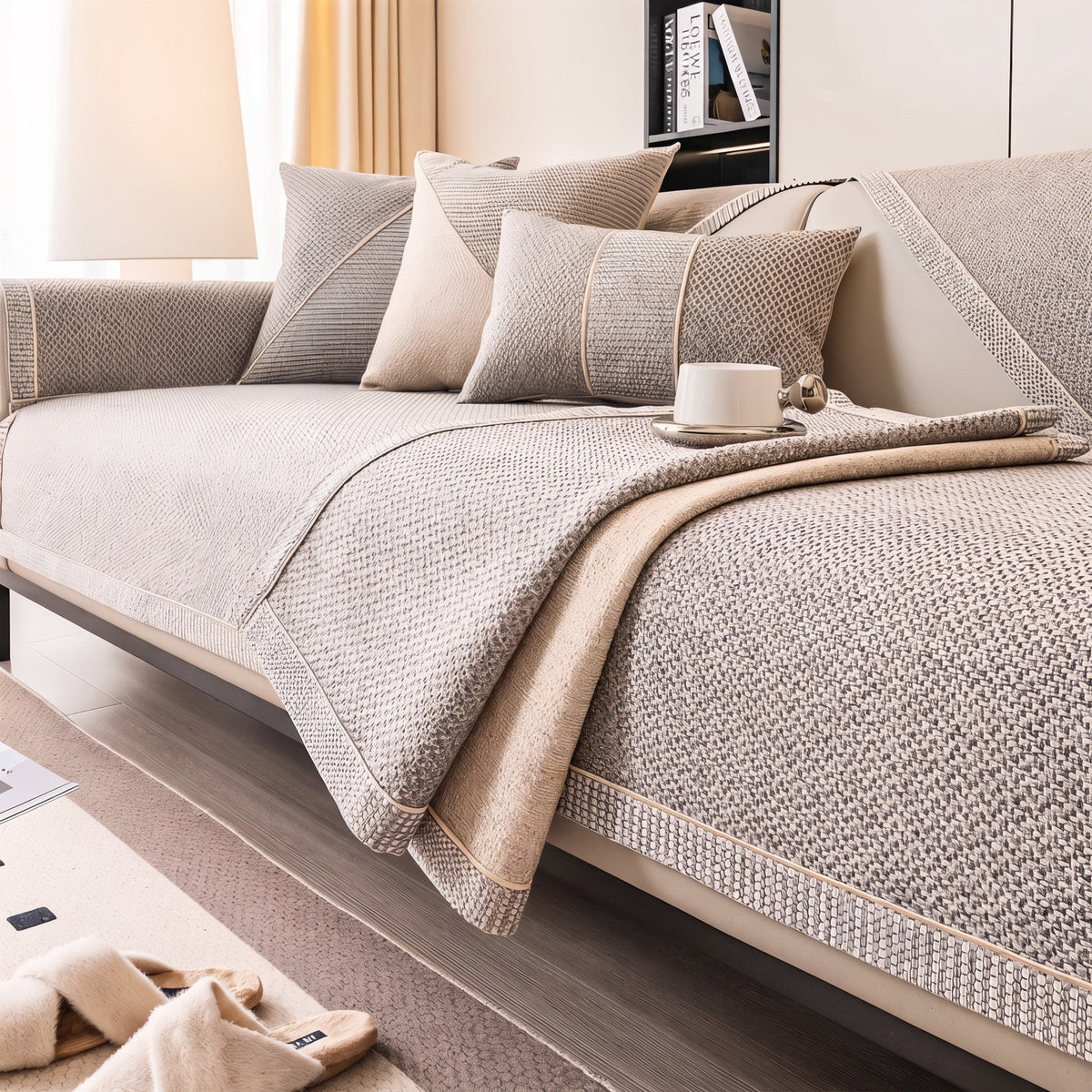 Gestrickter Sofaüberwurf mit rutschfester Struktur und edlem Finish - Slipcovers - Grau - Voldeva