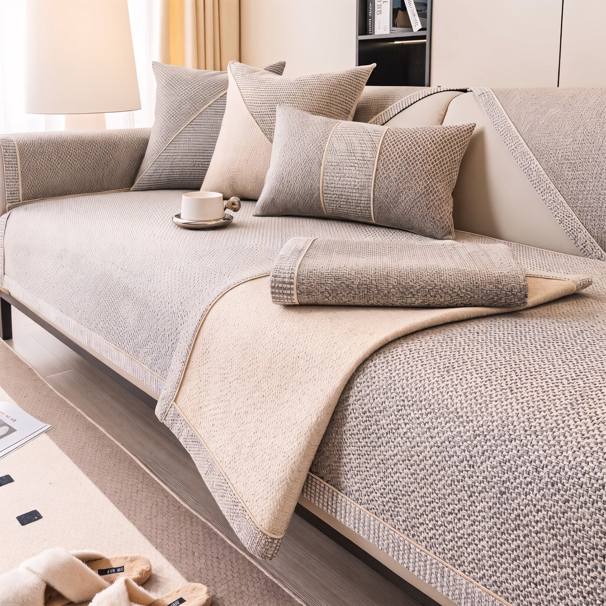 Gestrickter Sofaüberwurf mit rutschfester Struktur und edlem Finish - Slipcovers - Beige - Voldeva