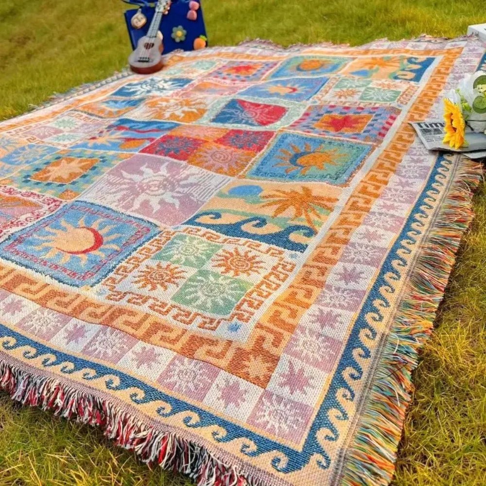 Gewebte Picknickdecke mit Boho - Patchwork - Muster und Fransen - Picknickdecke - 180x130 cm - Voldeva
